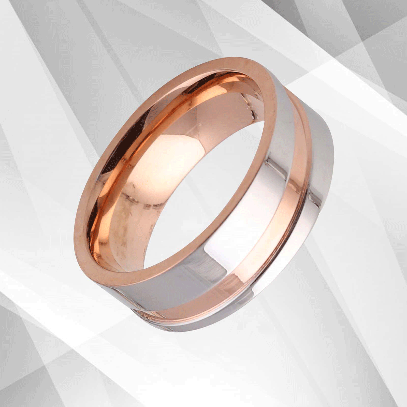 Flat Shaped 7mm Titanium Engagement Band Ring with 18Ct Rose and White Gold finish, showcasing its elegant design and comfort fit.