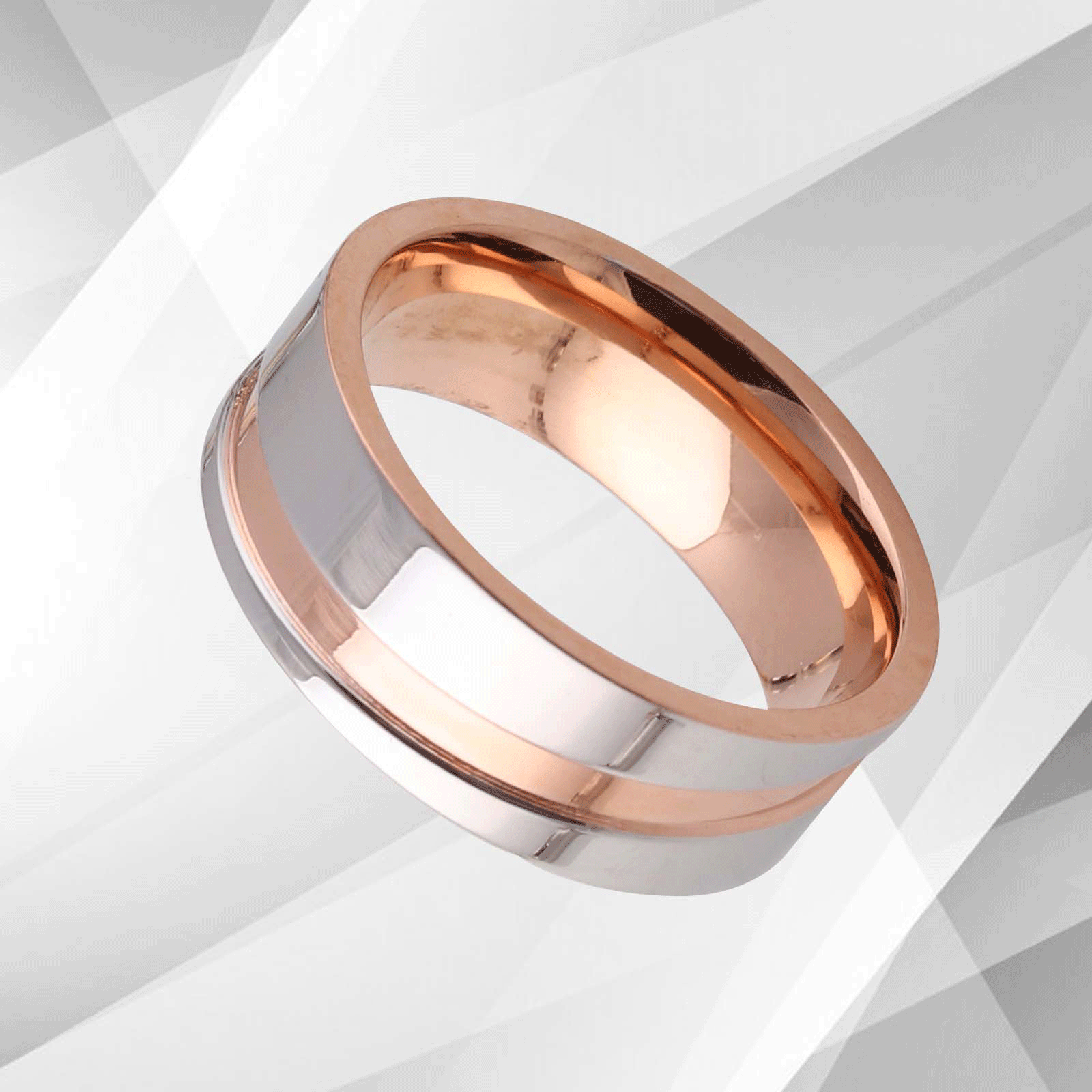 Flat Shaped 7mm Titanium Engagement Band Ring with 18Ct Rose and White Gold finish, showcasing its elegant design and comfort fit.