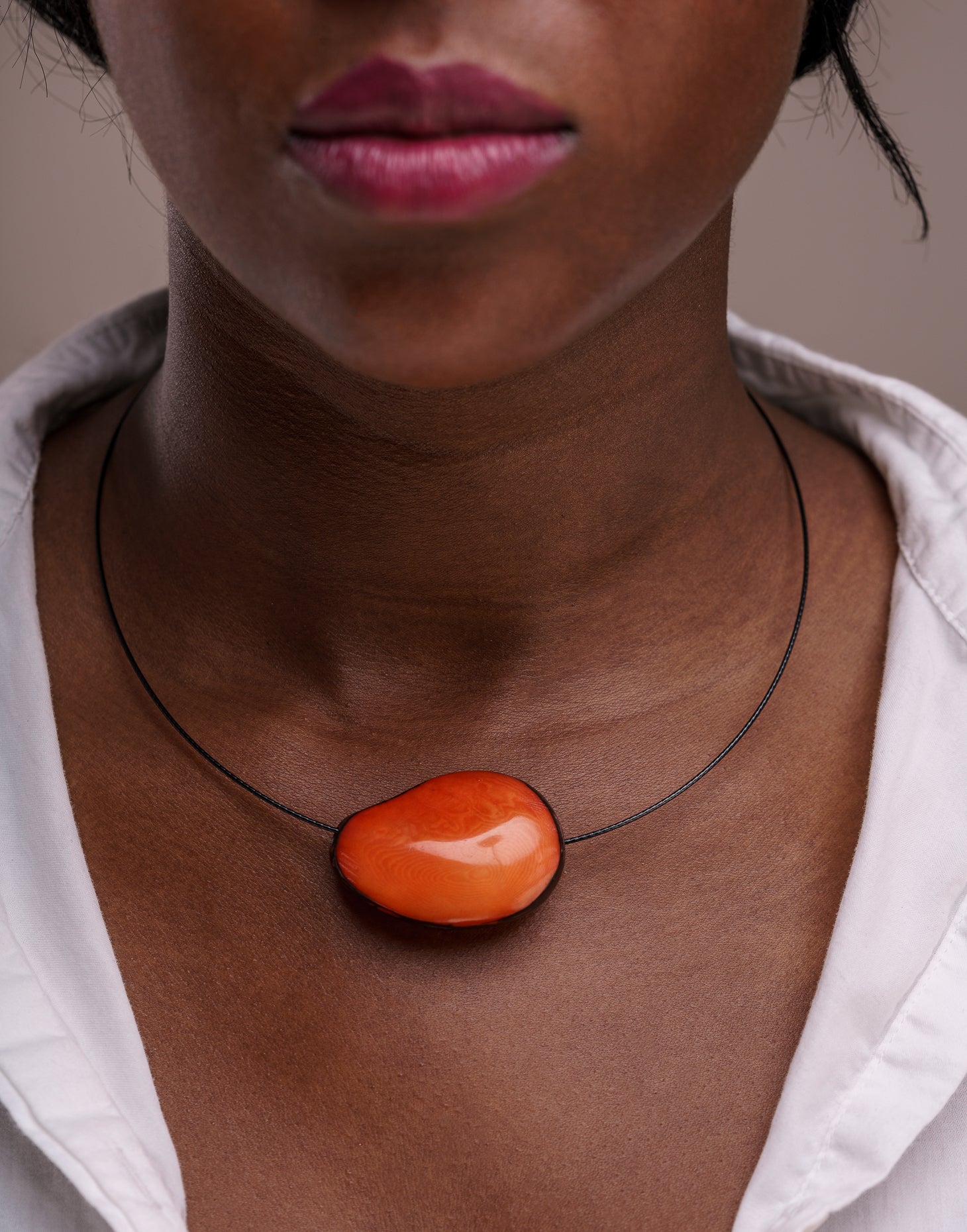 A beautifully crafted Flattened Seed Wire Necklace featuring a colored nut focal point on a black stainless steel wire.