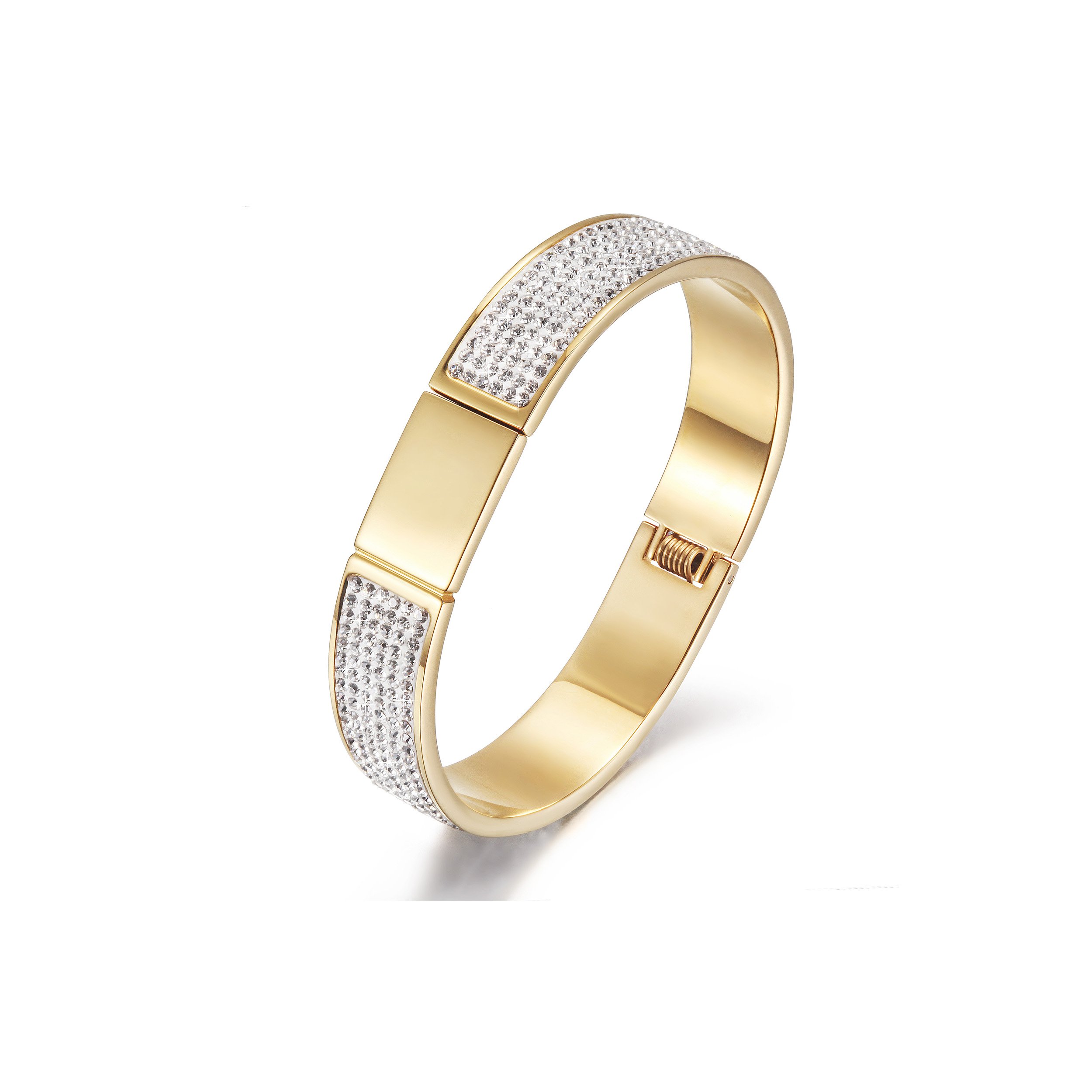 A luxurious FLAWLESS PAVÉ BANGLE made of 316L surgical stainless steel with 14K gold PVD plating, showcasing its elegant design.