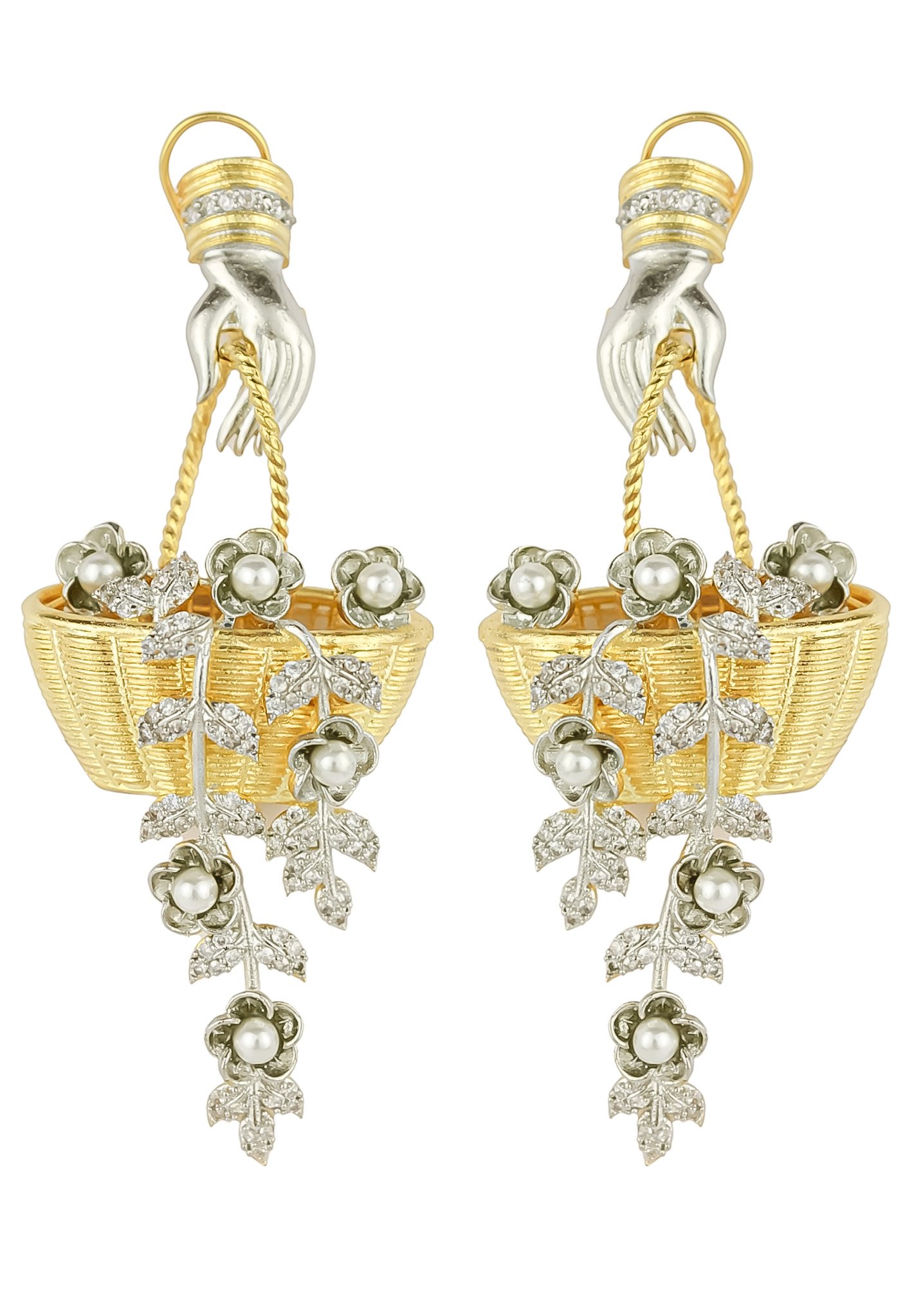 Flora Earrings featuring 18k gold plating, pearls, and zircons, designed to resemble flowers and leaves.