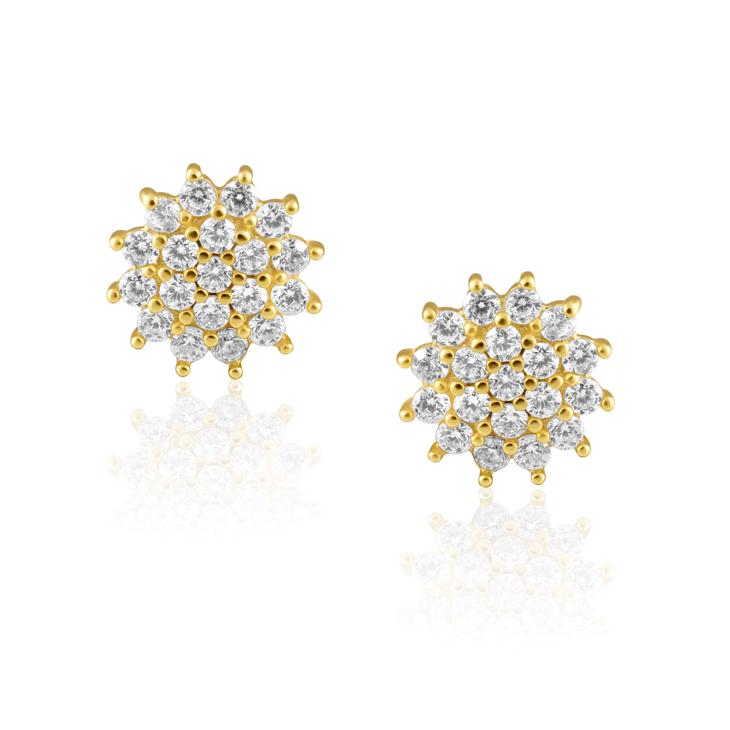 A pair of elegant Flora Studs earrings in gold and silver, showcasing their dainty design and luxurious finish.