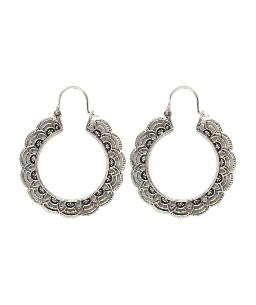 A pair of elegant floral hoop earrings featuring intricate etched designs, crafted from brass and silver-plated brass.