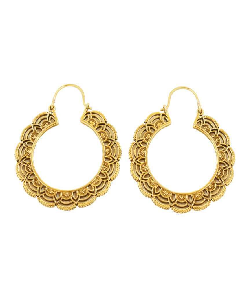 A pair of elegant floral hoop earrings featuring intricate etched designs, crafted from brass and silver-plated brass.