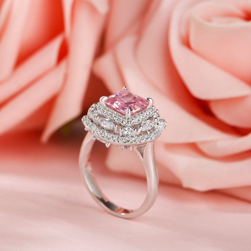 Floral Radiant Cut Sterling Silver Ring featuring premium Cubic Zirconia and 18K white gold micro plating, showcasing a beautiful floral design.