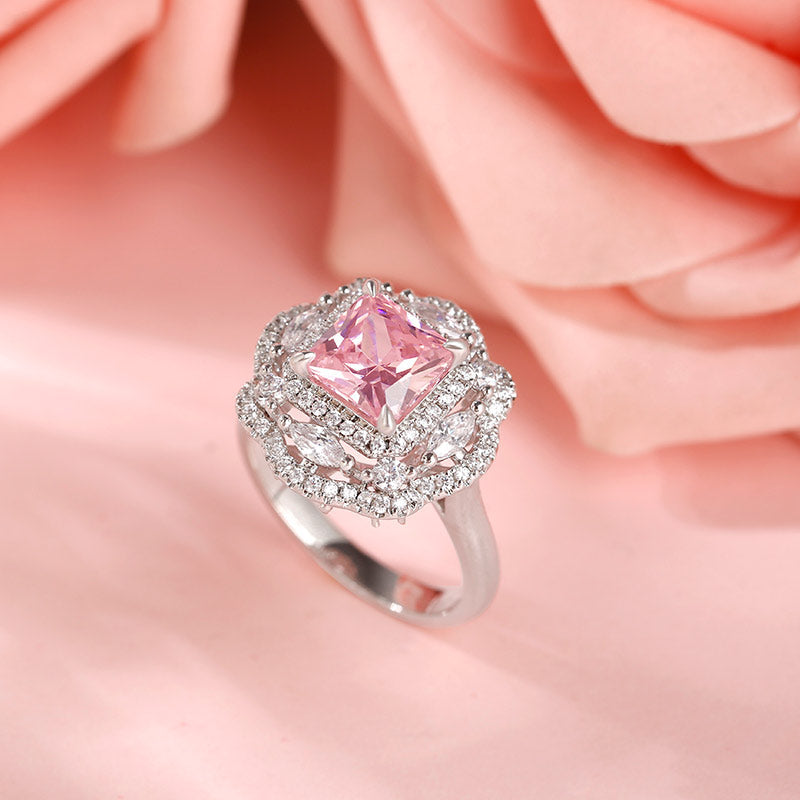 Floral Radiant Cut Sterling Silver Ring featuring premium Cubic Zirconia and 18K white gold micro plating, showcasing a beautiful floral design.