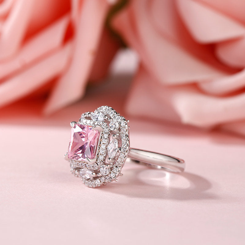 Floral Radiant Cut Sterling Silver Ring featuring premium Cubic Zirconia and 18K white gold micro plating, showcasing a beautiful floral design.