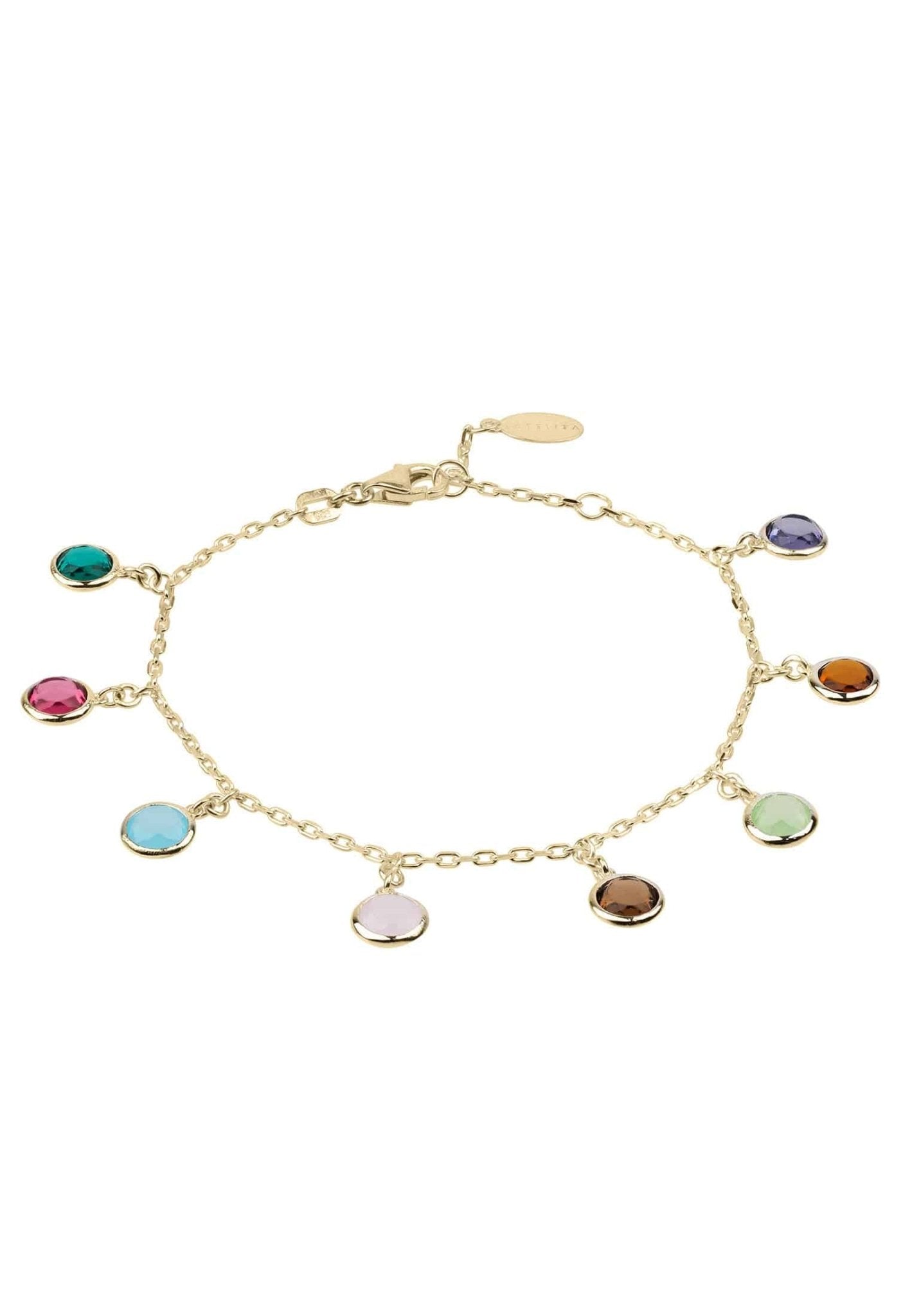 Florence Multi Coloured Gemstone Bracelet featuring vibrant round cut gemstones on a gold-dipped sterling silver chain.