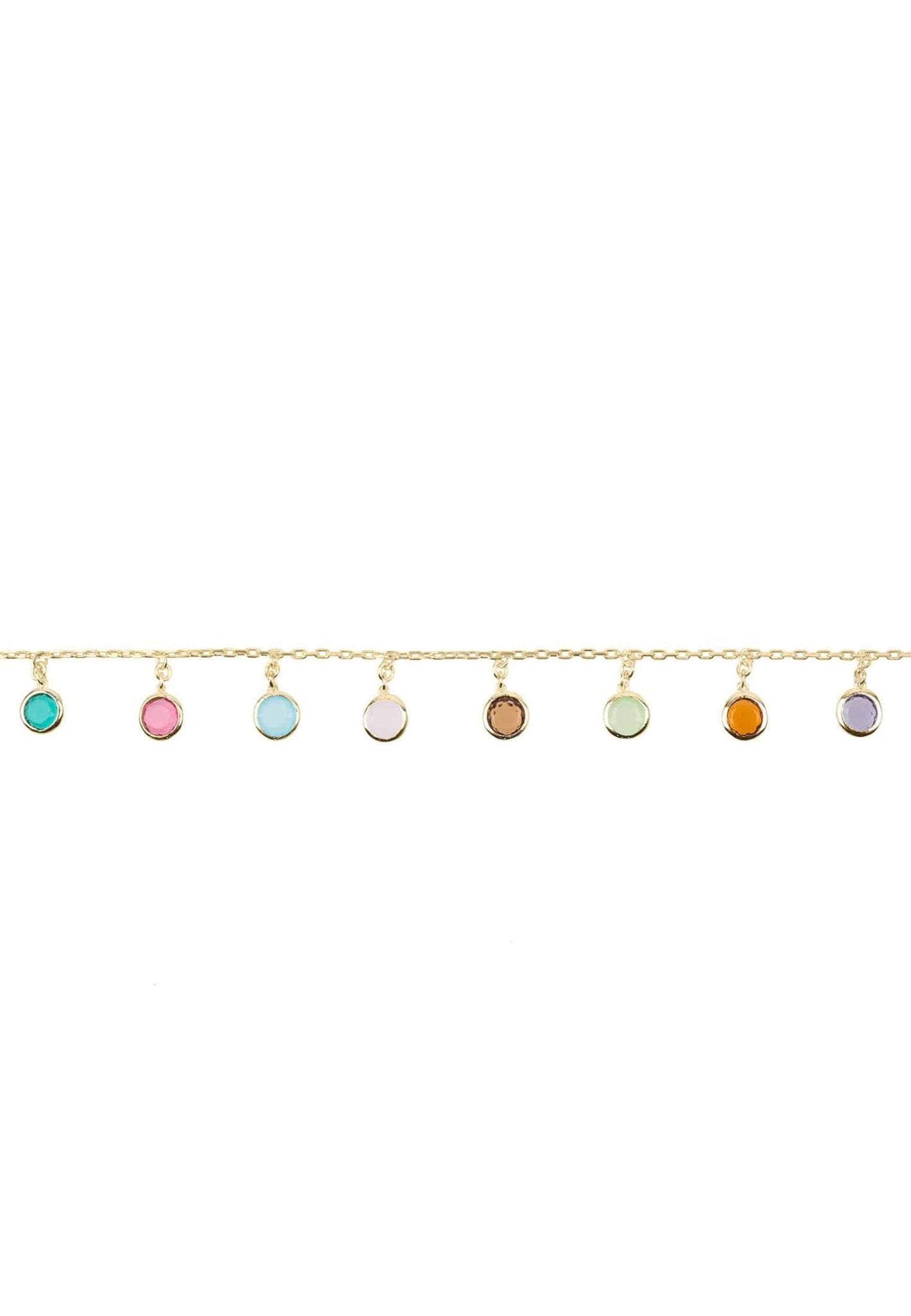 Florence Multi Coloured Gemstone Bracelet featuring vibrant round cut gemstones on a gold-dipped sterling silver chain.