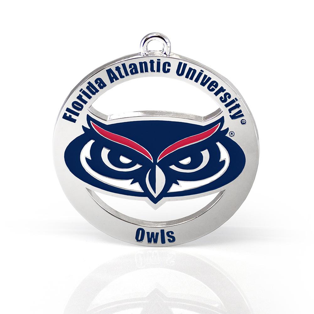 Florida Atlantic University Owls Ornament featuring the Owls logo on a 2-inch round ornament, perfect for holiday decorations.