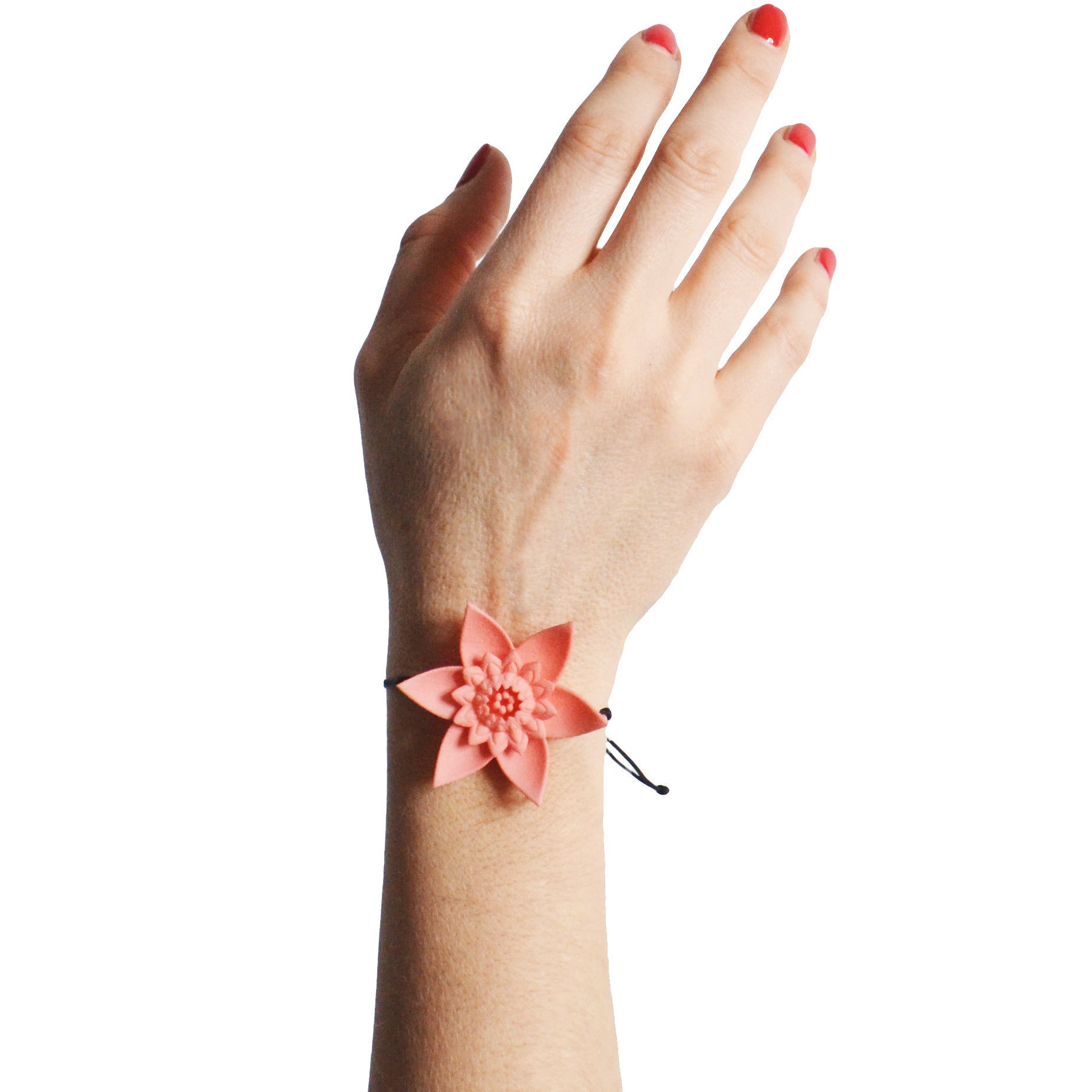 A beautiful Dahlia Flower Bracelet featuring a large flower design made of ultra-light nylon and sterling silver accents.