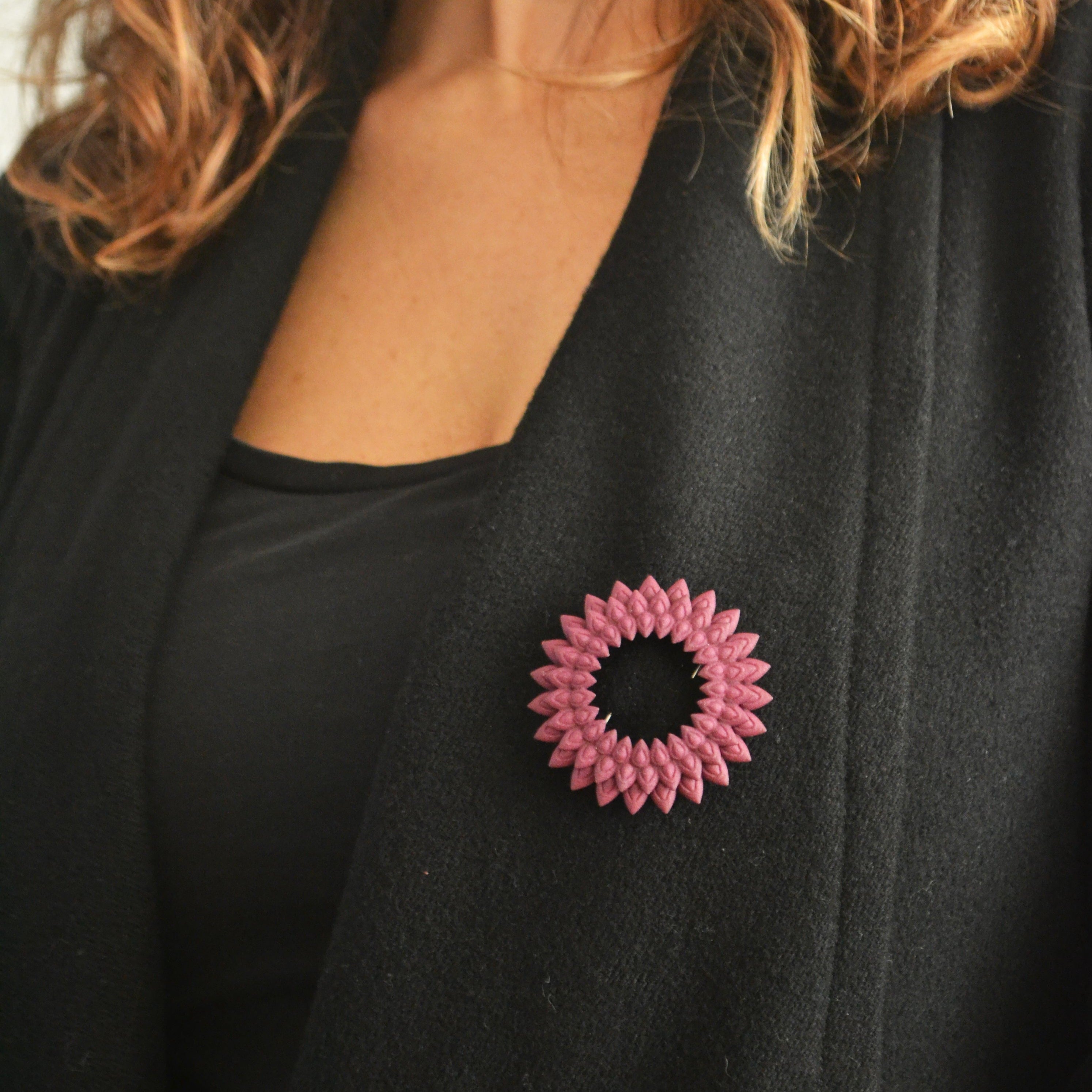 Dahlia Flower Brooch featuring vibrant colors and intricate design, made from 3D printed nylon with a stainless steel pin.