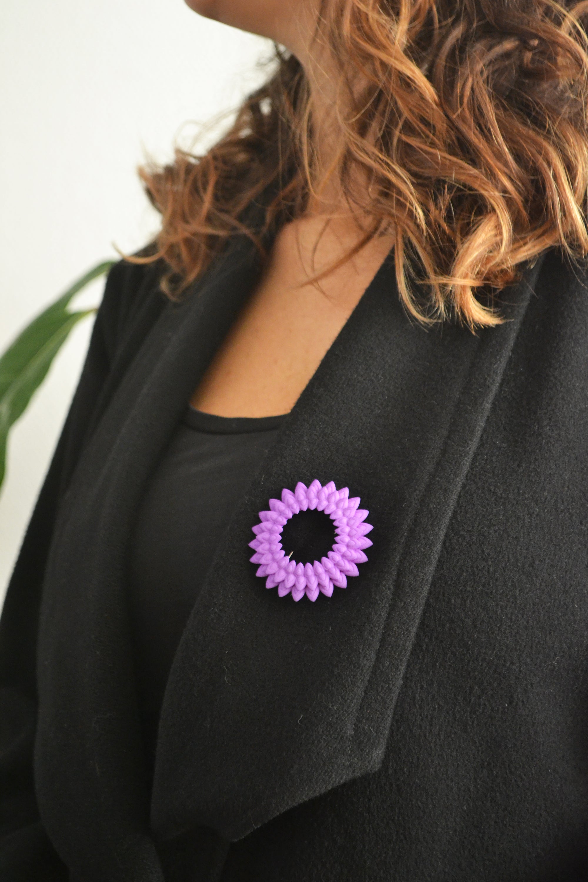 Dahlia Flower Brooch featuring vibrant colors and intricate design, made from 3D printed nylon with a stainless steel pin.