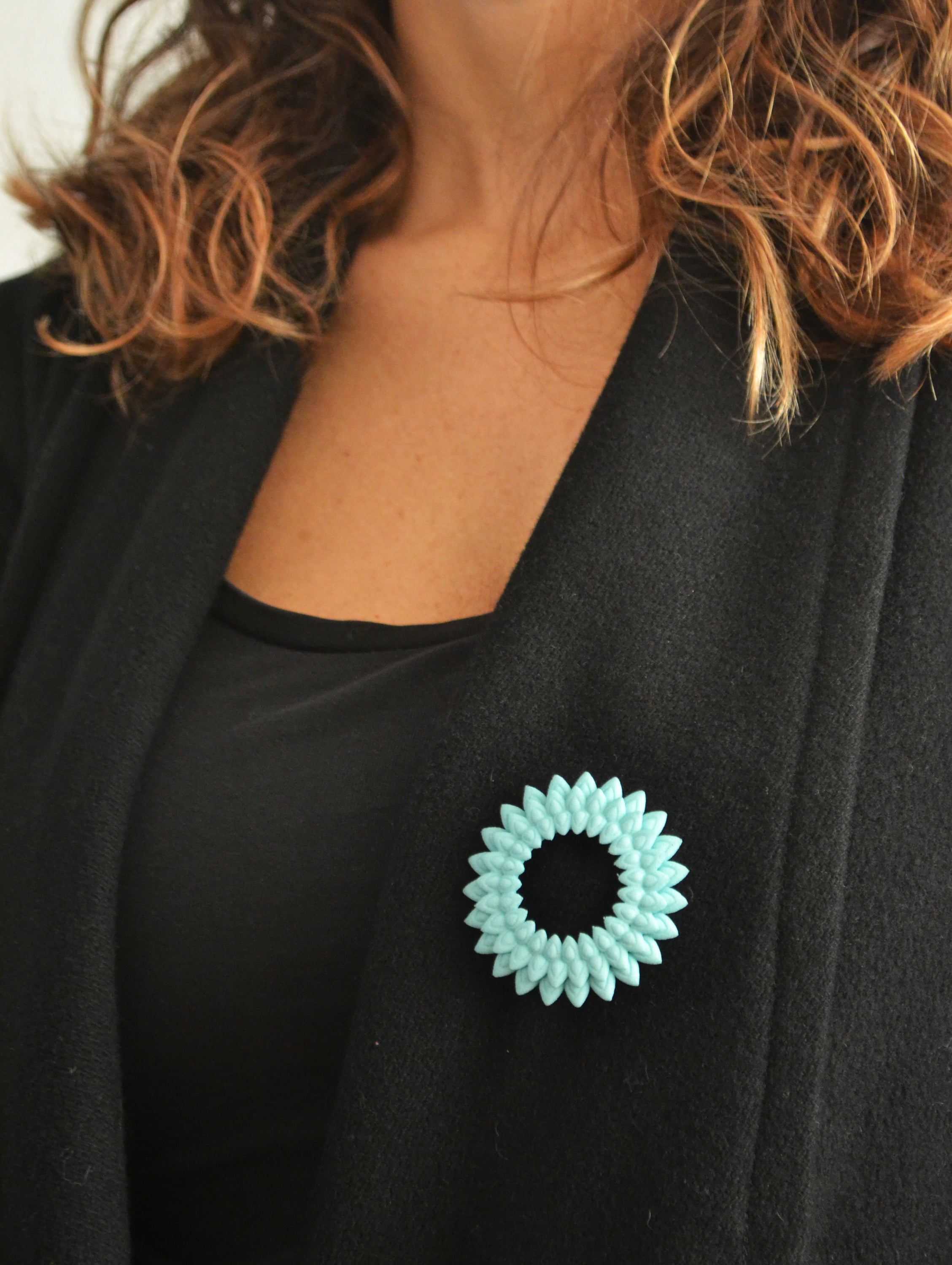 Dahlia Flower Brooch featuring vibrant colors and intricate design, made from 3D printed nylon with a stainless steel pin.