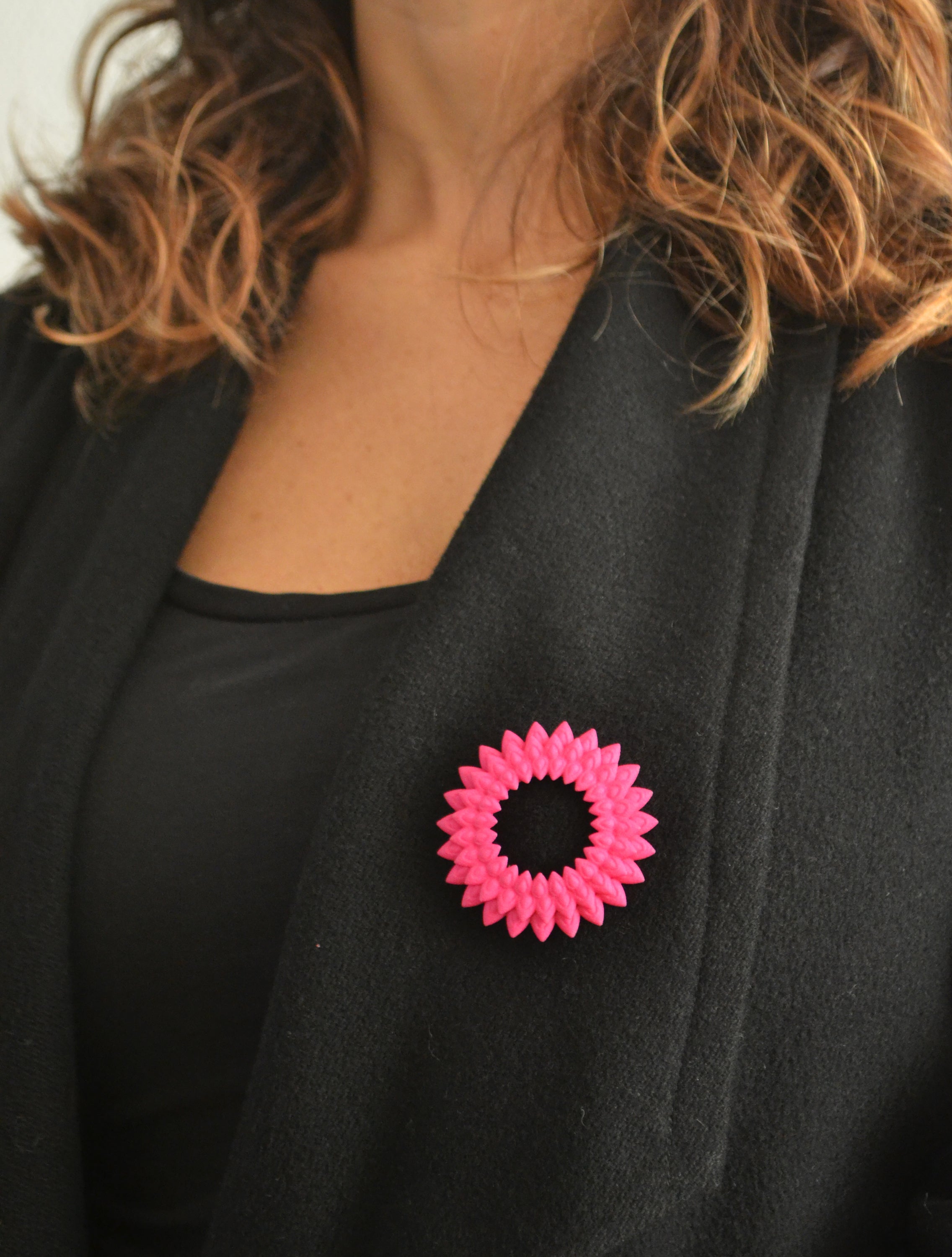 Dahlia Flower Brooch featuring vibrant colors and intricate design, made from 3D printed nylon with a stainless steel pin.