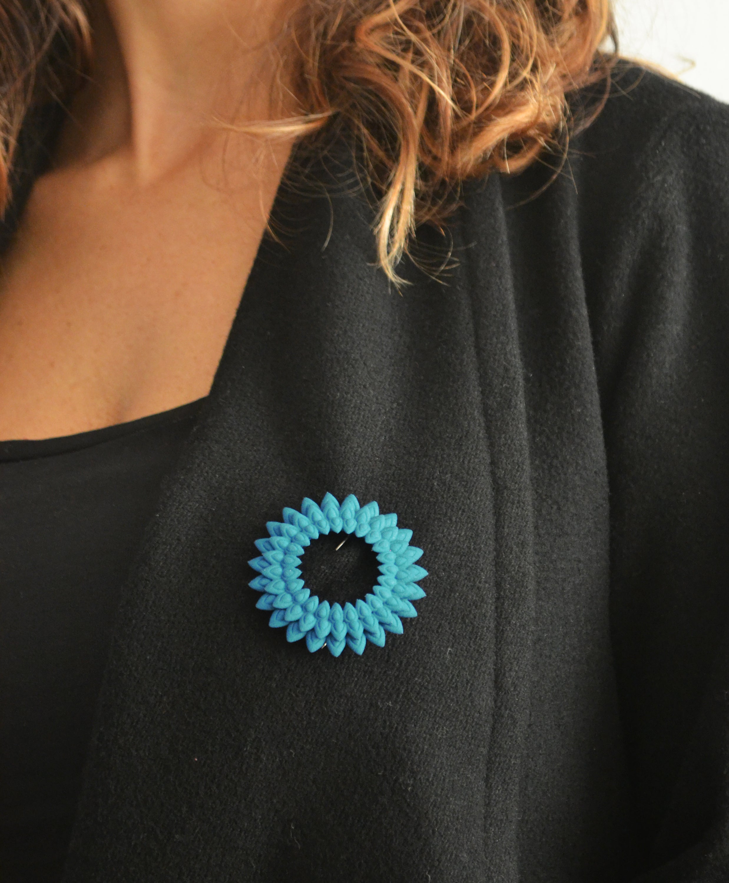 Dahlia Flower Brooch featuring vibrant colors and intricate design, made from 3D printed nylon with a stainless steel pin.