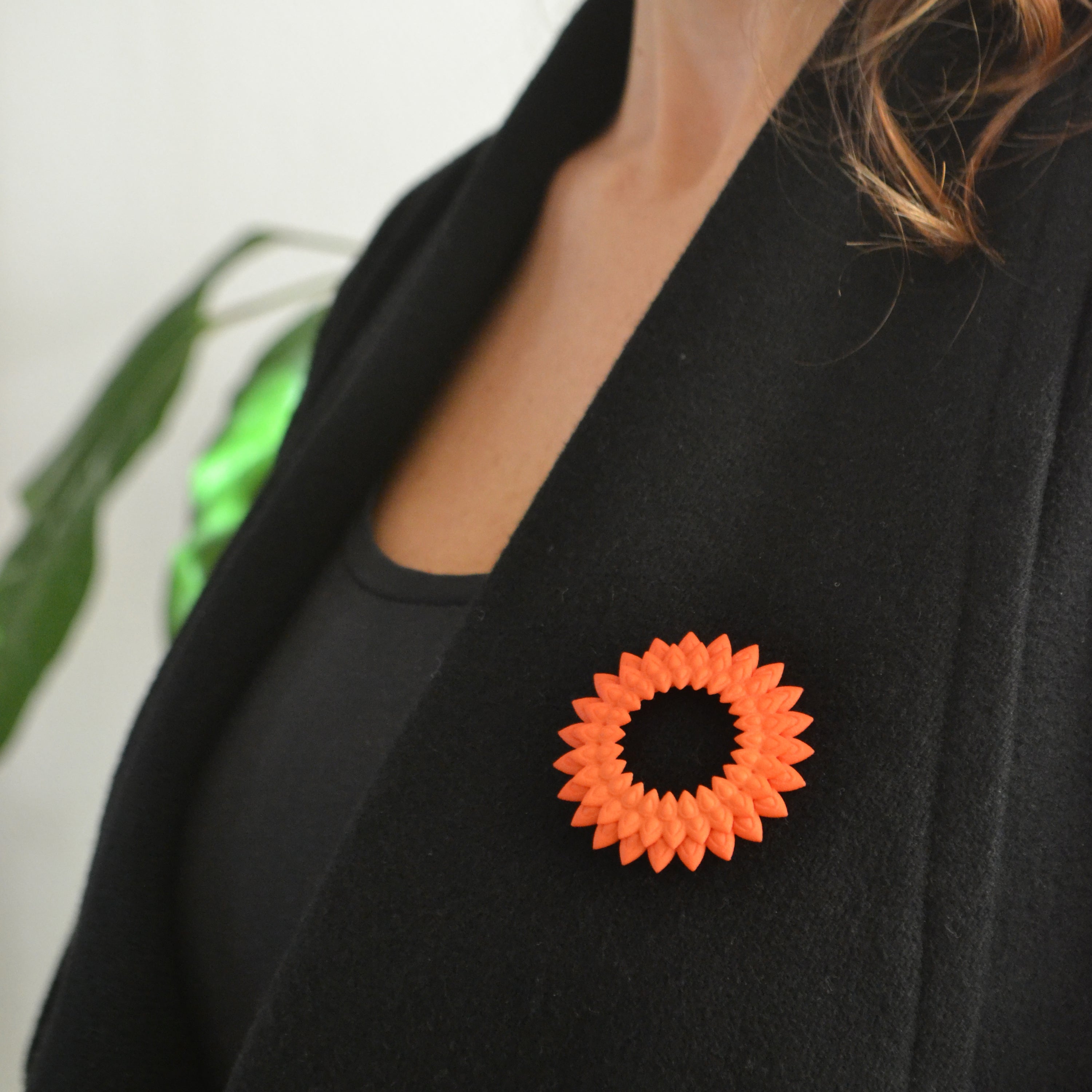 Dahlia Flower Brooch featuring vibrant colors and intricate design, made from 3D printed nylon with a stainless steel pin.