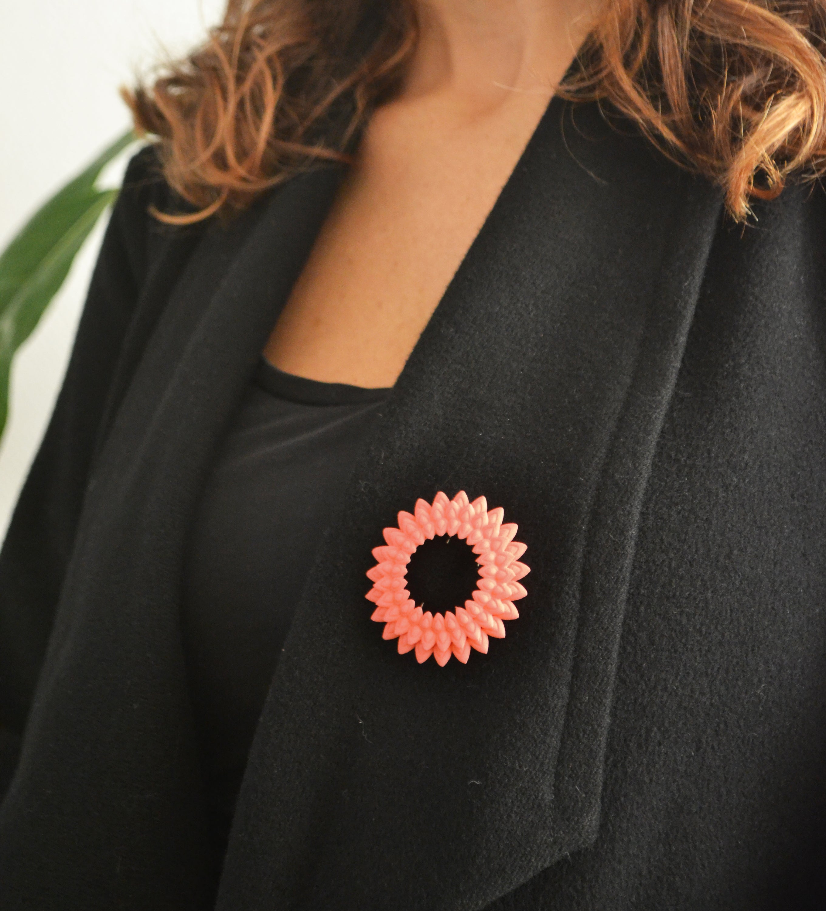 Dahlia Flower Brooch featuring vibrant colors and intricate design, made from 3D printed nylon with a stainless steel pin.