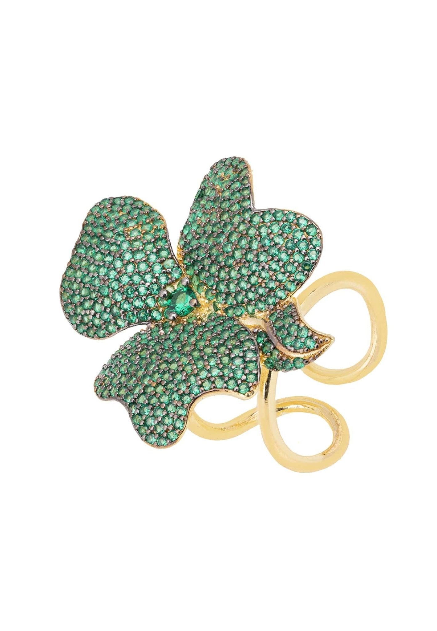 Elegant Flower Cocktail Ring in Gold featuring a large Emerald Green cubic zirconia centerpiece and adjustable metallic bands.