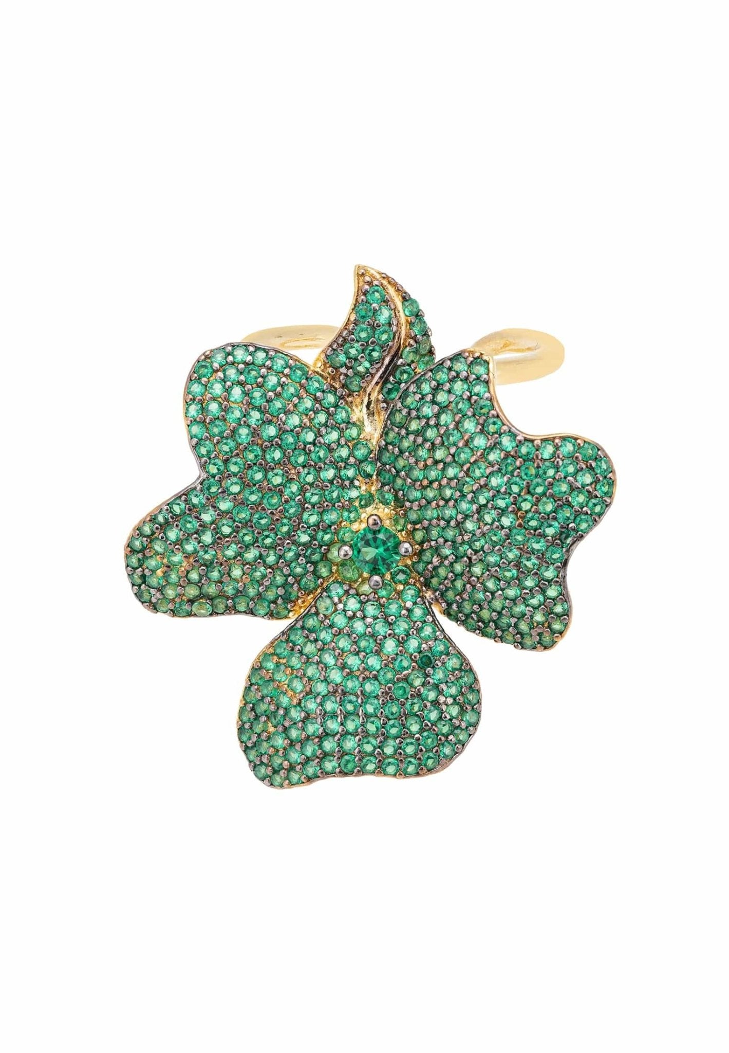 Elegant Flower Cocktail Ring in Gold featuring a large Emerald Green cubic zirconia centerpiece and adjustable metallic bands.