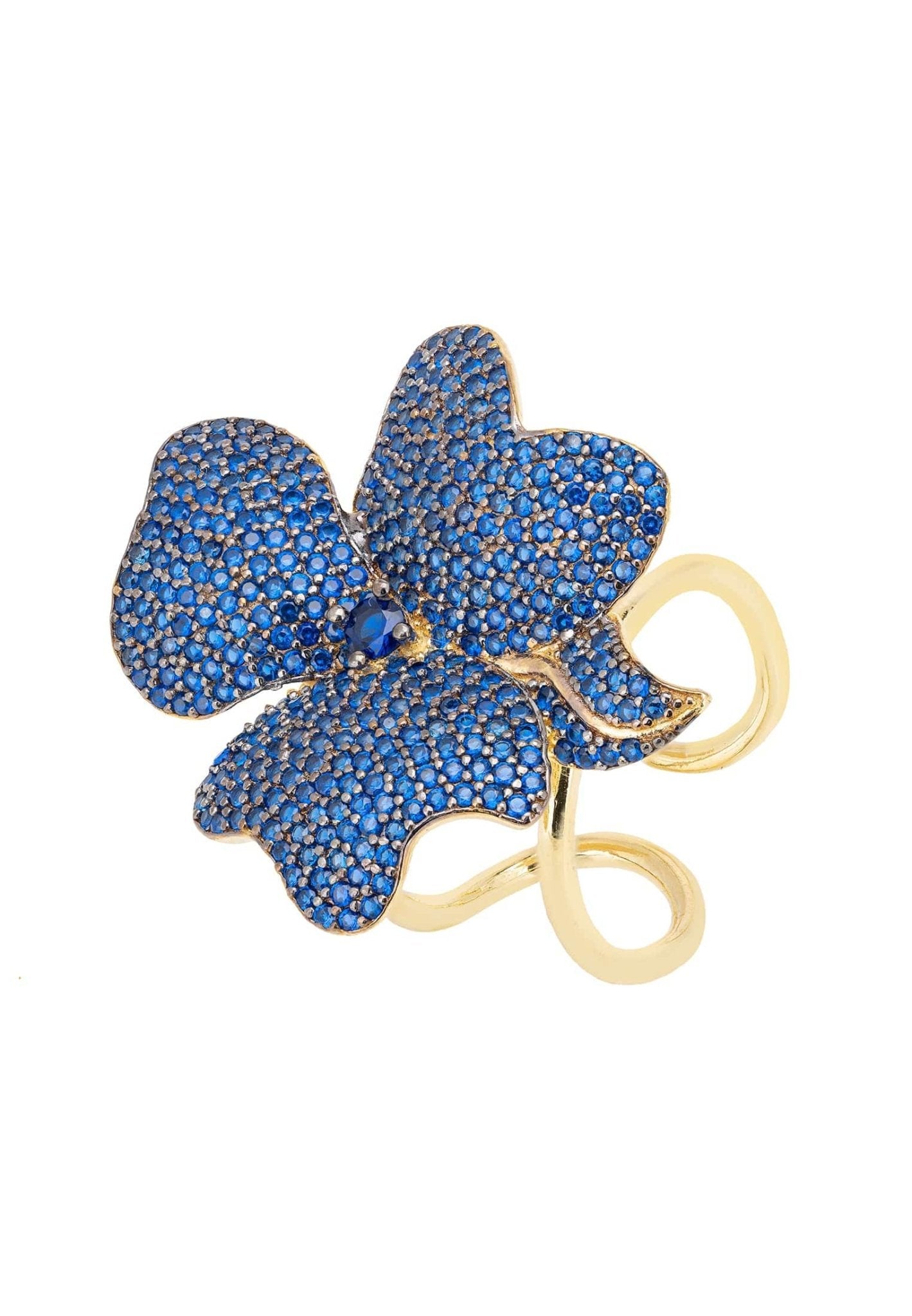 Elegant Flower Cocktail Ring in Gold with Sapphire Blue cubic zirconia, featuring a large floral design on adjustable bands.