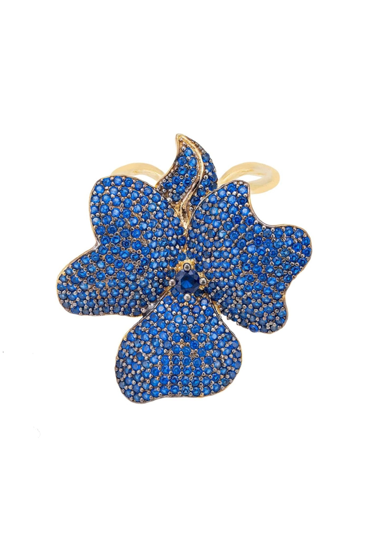 Elegant Flower Cocktail Ring in Gold with Sapphire Blue cubic zirconia, featuring a large floral design on adjustable bands.