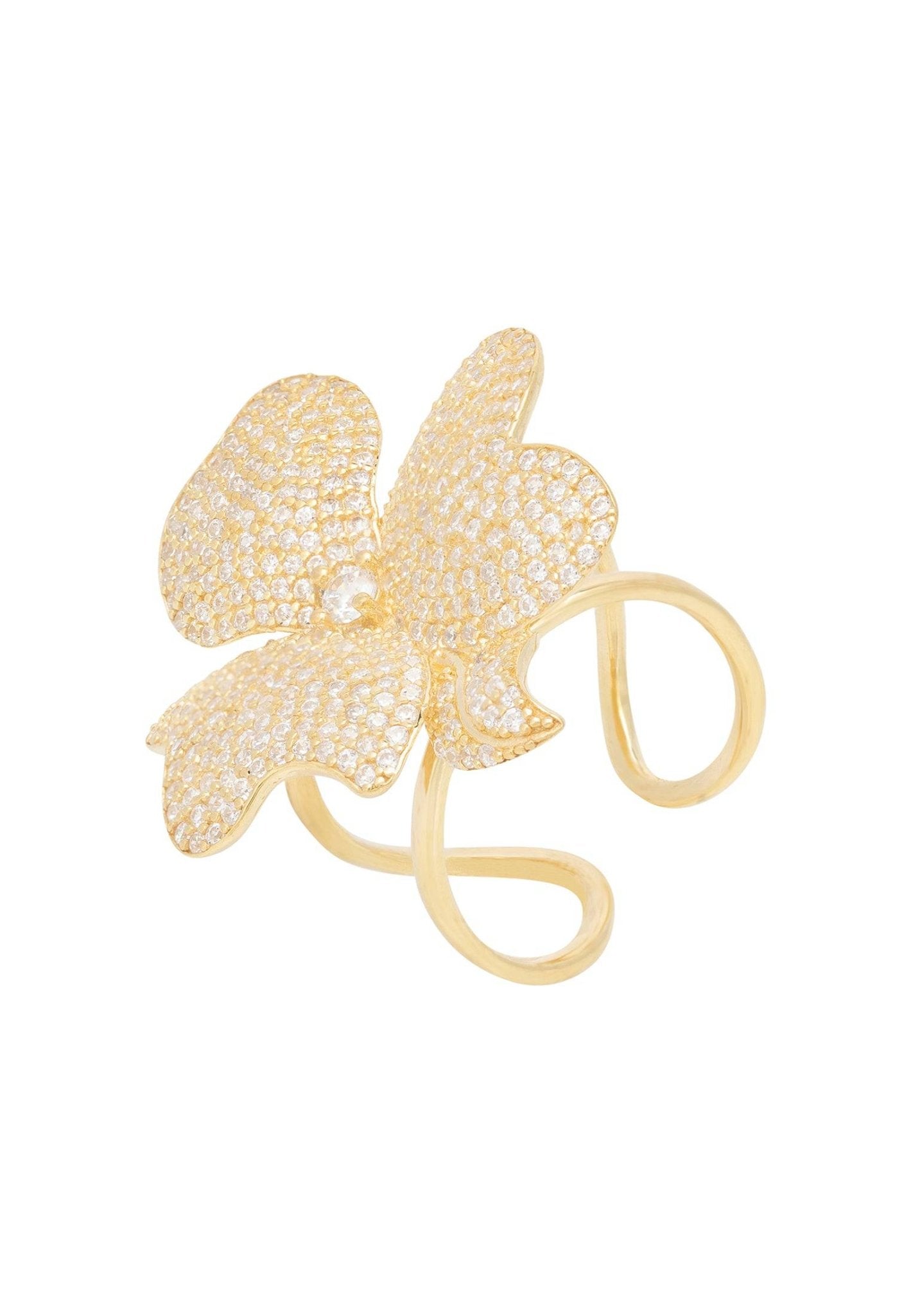 A stunning gold flower cocktail ring featuring sparkling cubic zirconia, set on adjustable metallic bands.