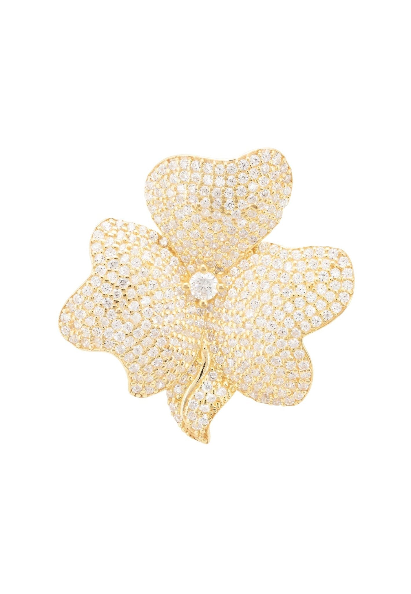 A stunning gold flower cocktail ring featuring sparkling cubic zirconia, set on adjustable metallic bands.