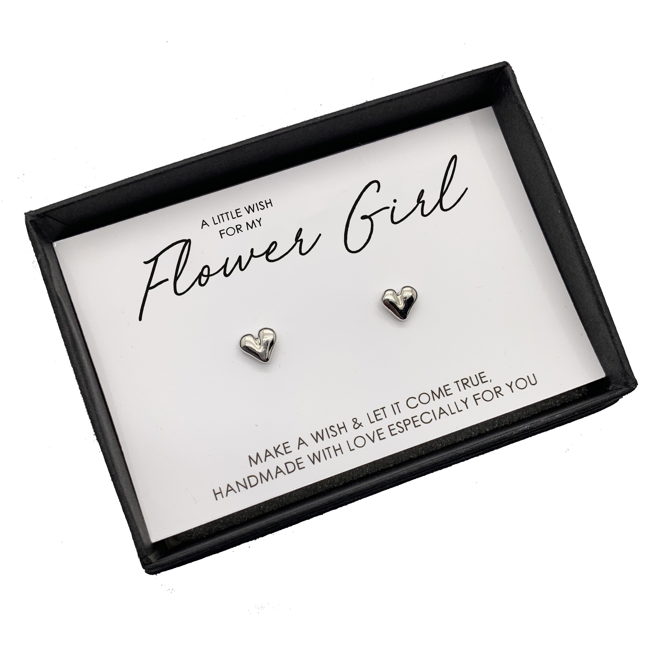 Flower Girl Boxed Earrings presented in an elegant black gift box with an inspirational card.