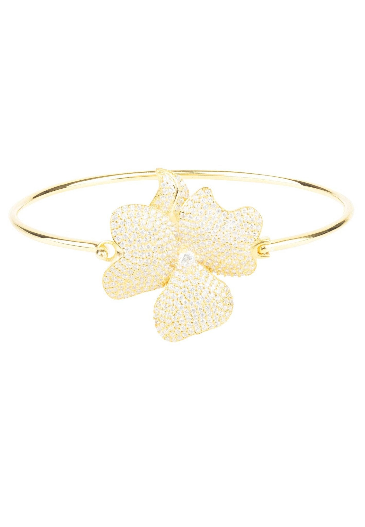 Elegant Flower Large Statement Cuff Bracelet in gold with cubic zirconia embellishments, showcasing a floral design on a metallic bangle.