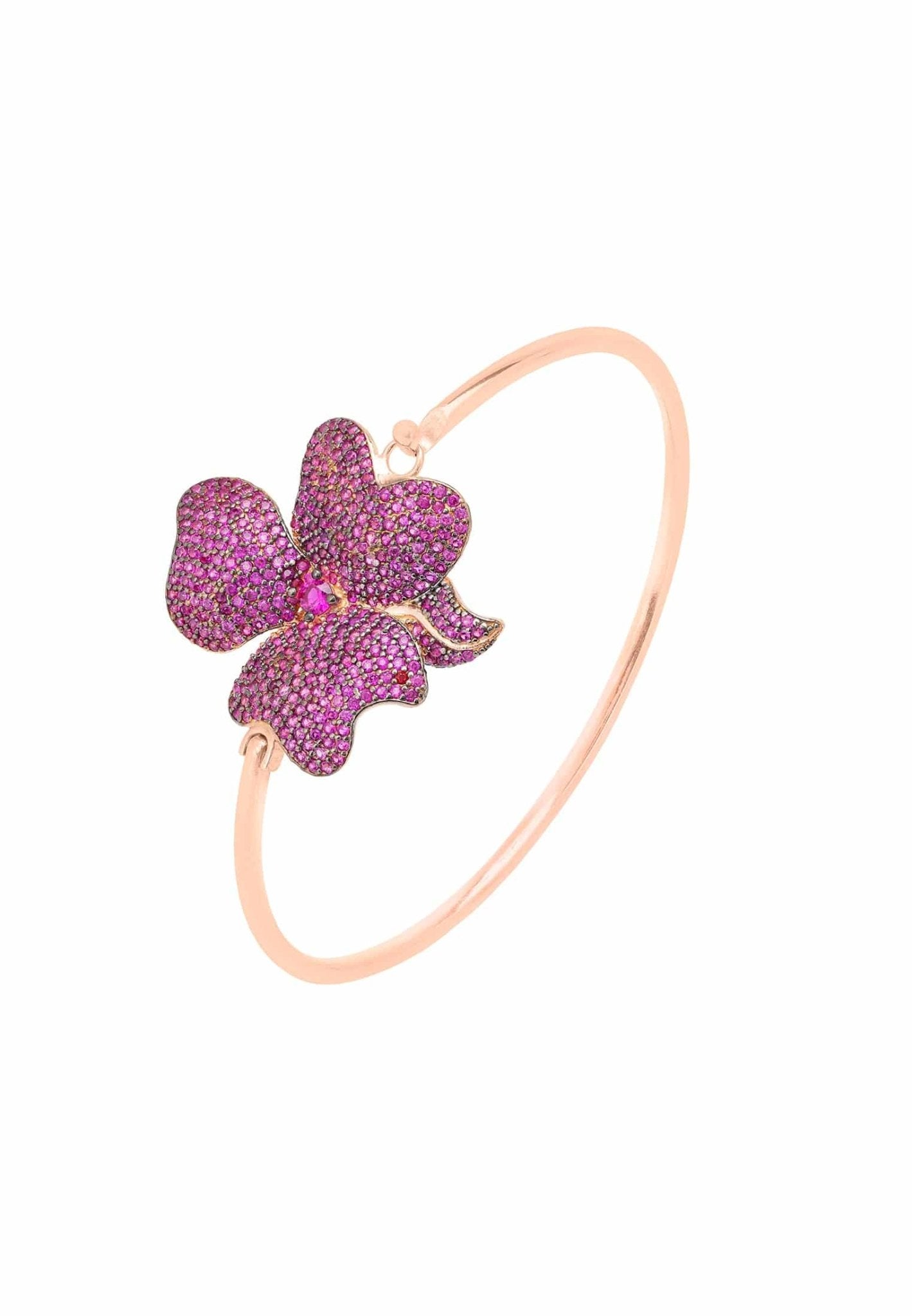 Flower Large Statement Cuff Bracelet in rosegold with ruby pink cubic zirconia floral design, showcasing elegance and sophistication.