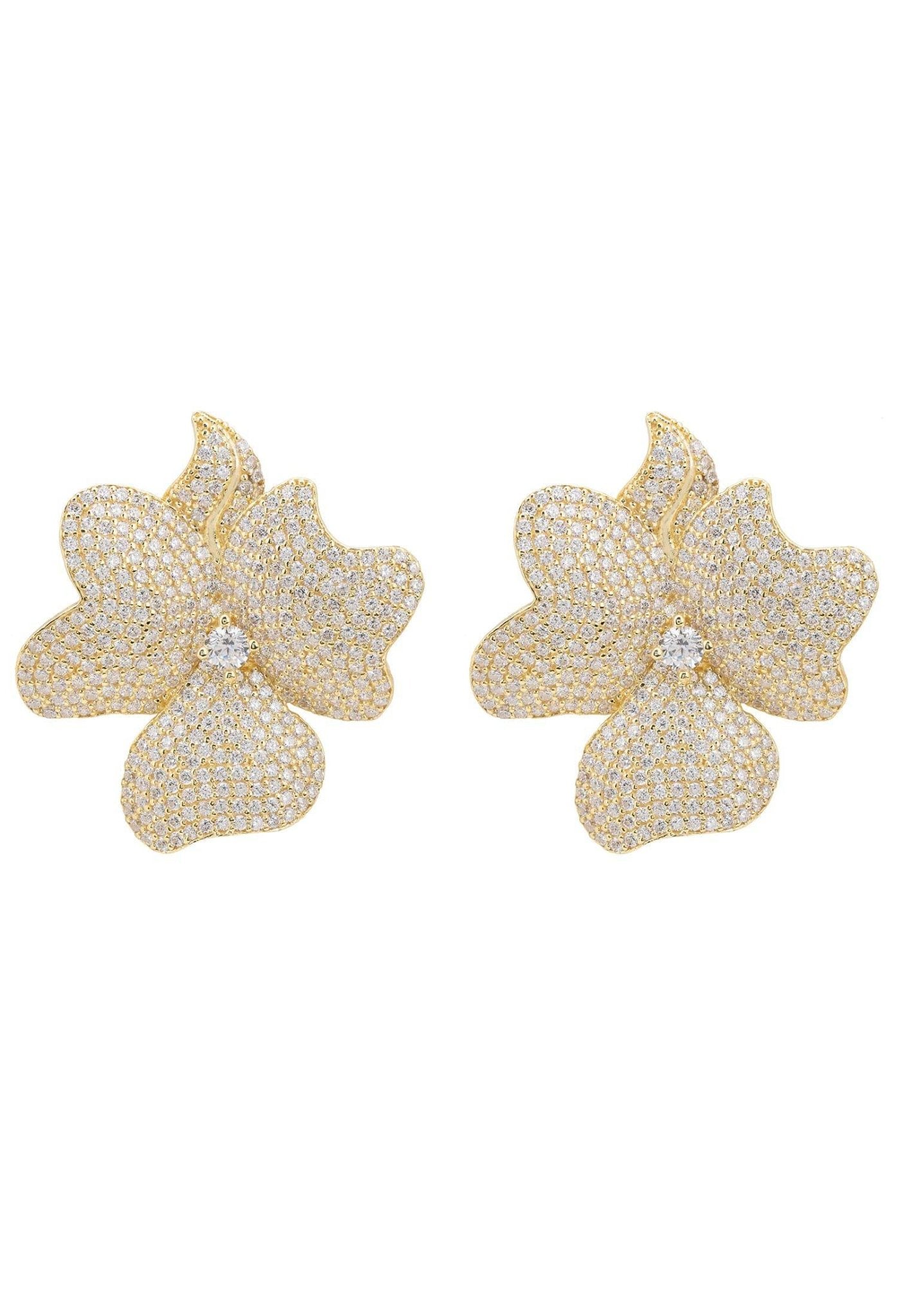 Elegant Flower Large Stud Earrings in Gold with sparkling cubic zirconia, crafted from sterling silver and dipped in 22ct gold.