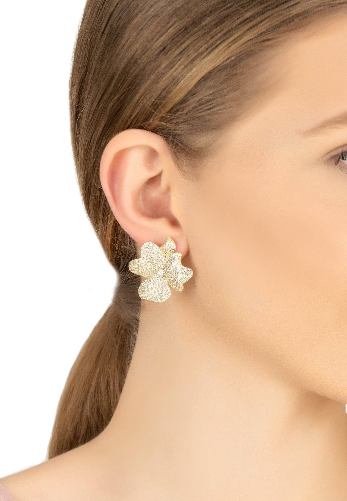 Elegant Flower Large Stud Earrings in Gold with sparkling cubic zirconia, crafted from sterling silver and dipped in 22ct gold.