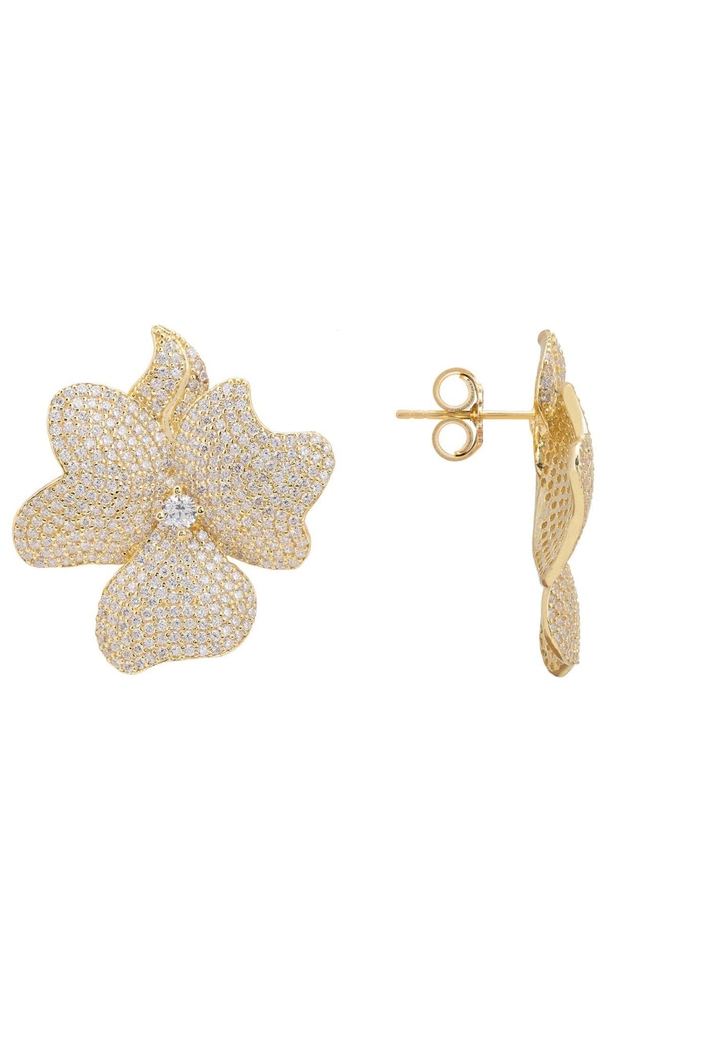 Elegant Flower Large Stud Earrings in Gold with sparkling cubic zirconia, crafted from sterling silver and dipped in 22ct gold.