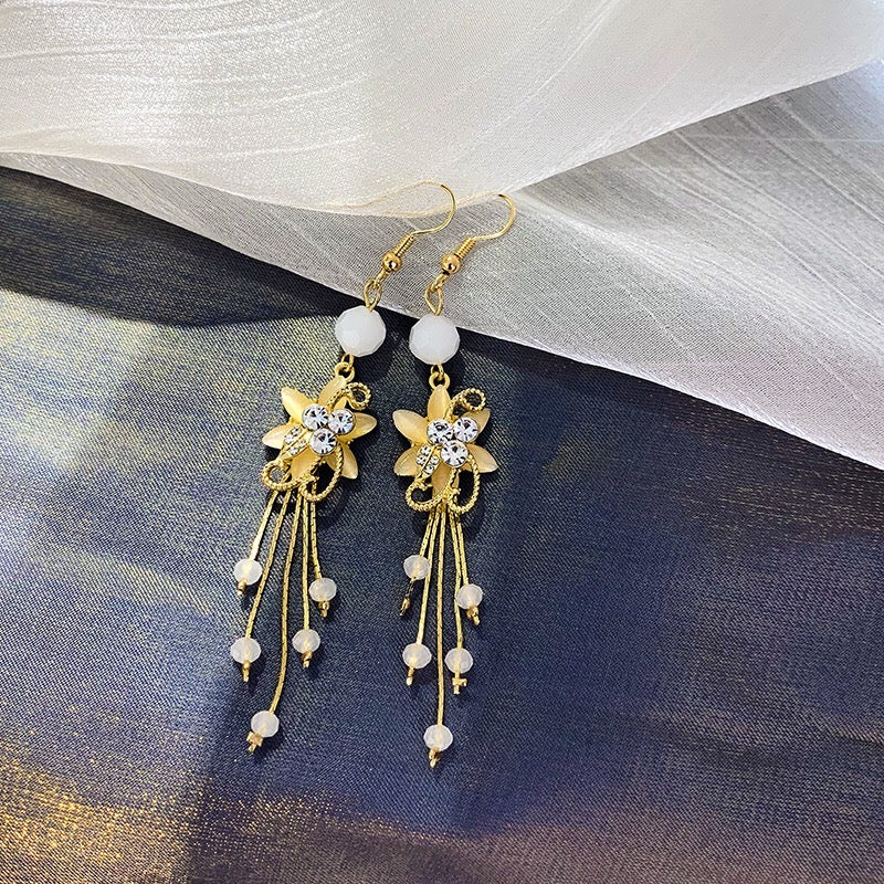 Elegant Flower Slinky Drop Beads Earrings made of alloy, rhinestone, and 925 silver, showcasing a beautiful floral design.