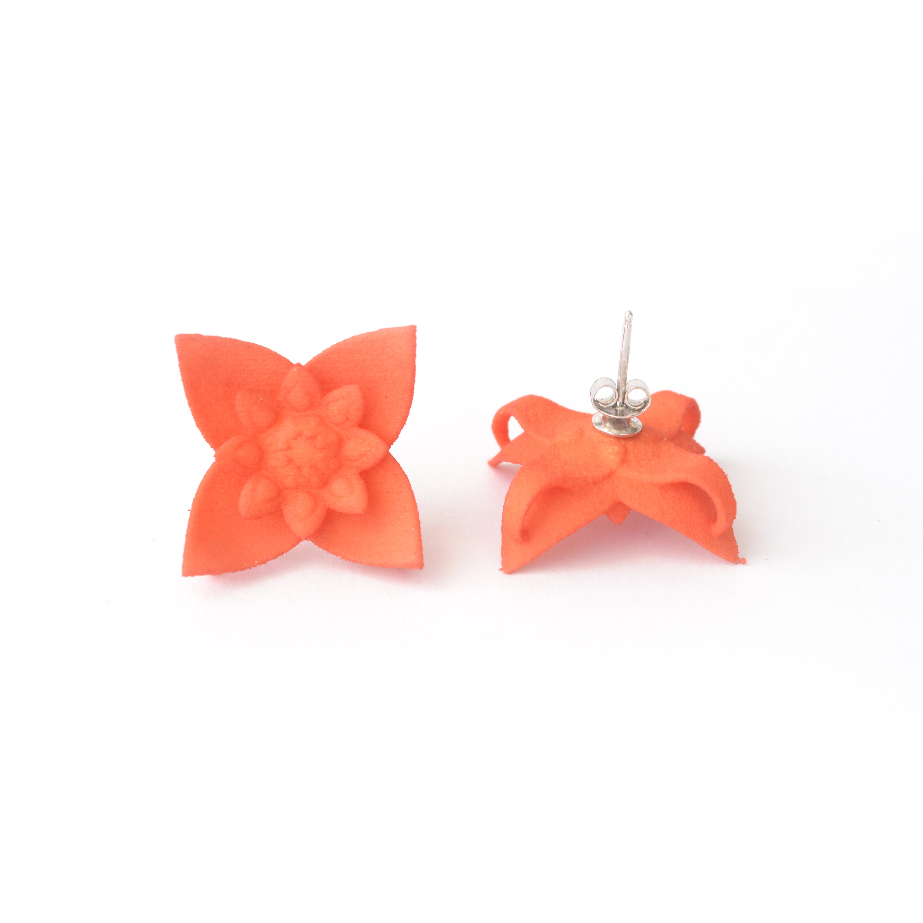 A pair of Dahlia Flower Stud Earrings featuring a floral design in vibrant colors, made from nylon and sterling silver.