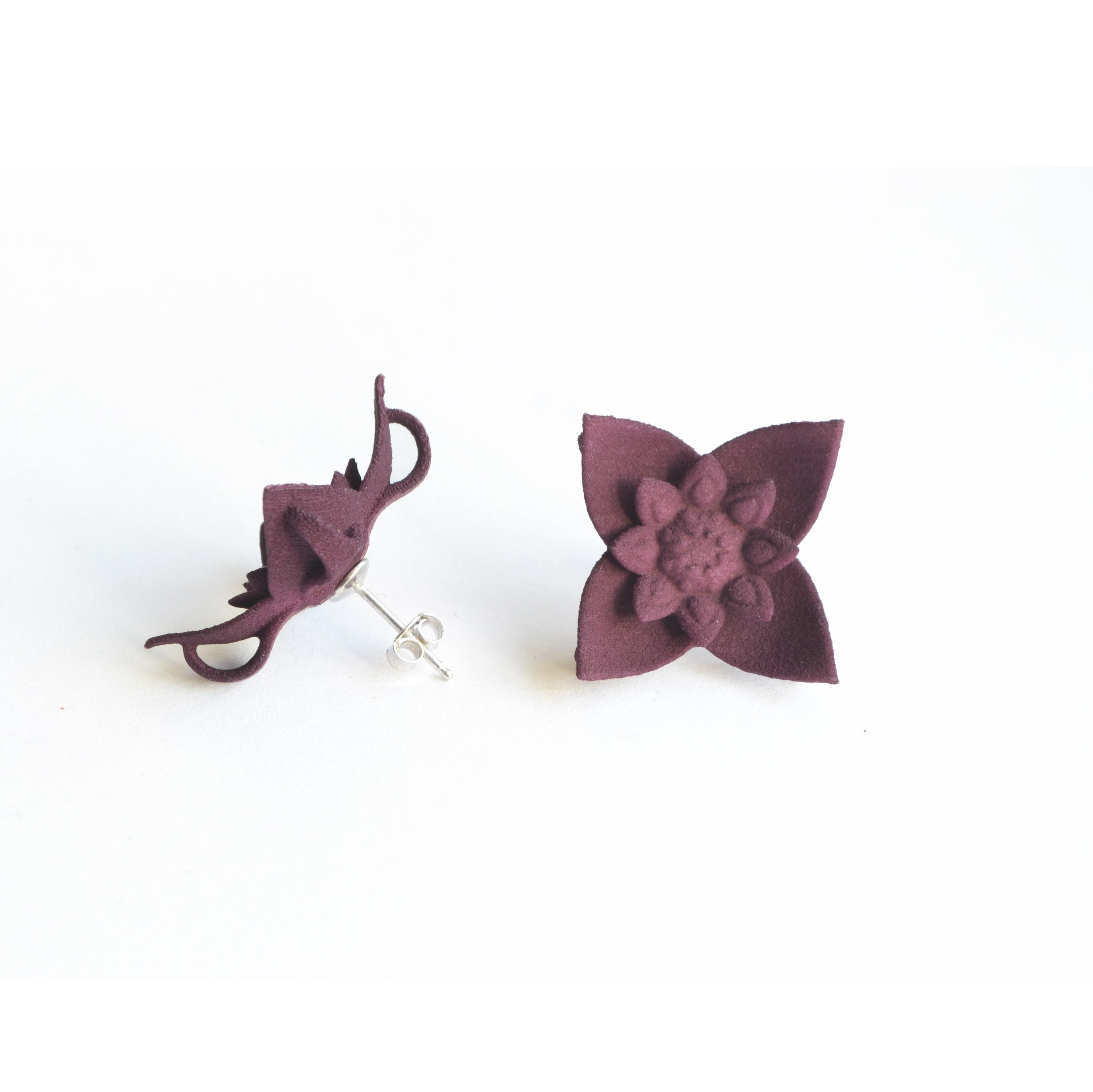 A pair of Dahlia Flower Stud Earrings featuring a floral design in vibrant colors, made from nylon and sterling silver.