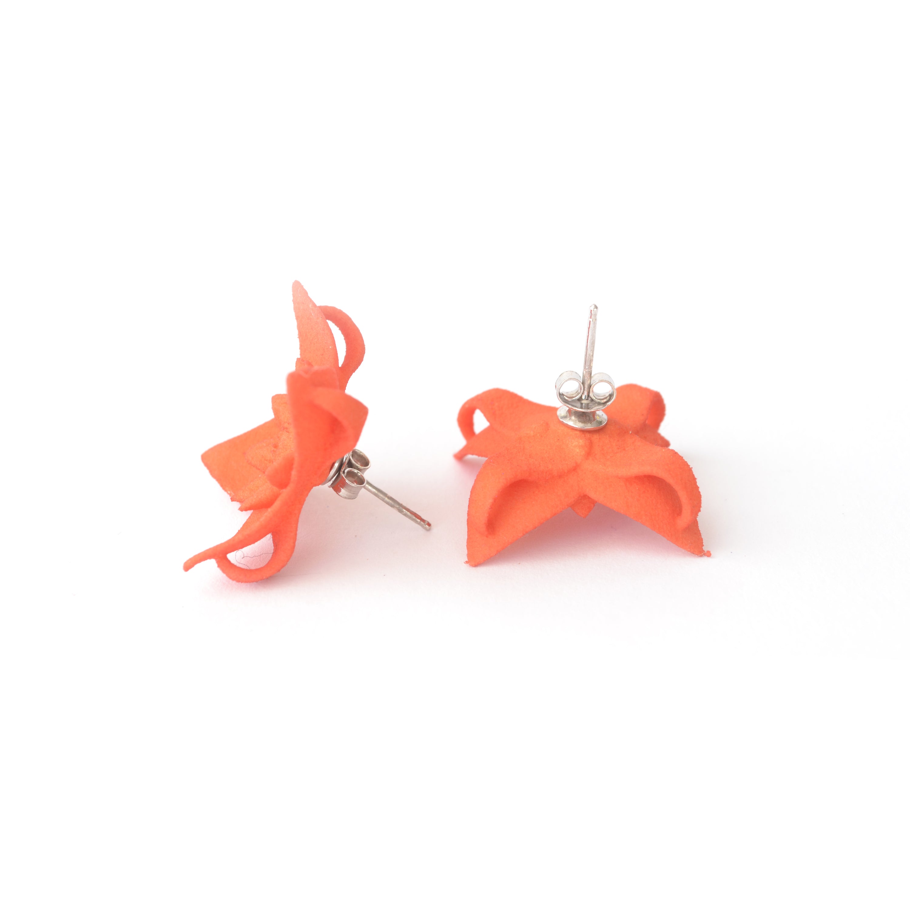 A pair of Dahlia Flower Stud Earrings featuring a floral design in vibrant colors, made from nylon and sterling silver.