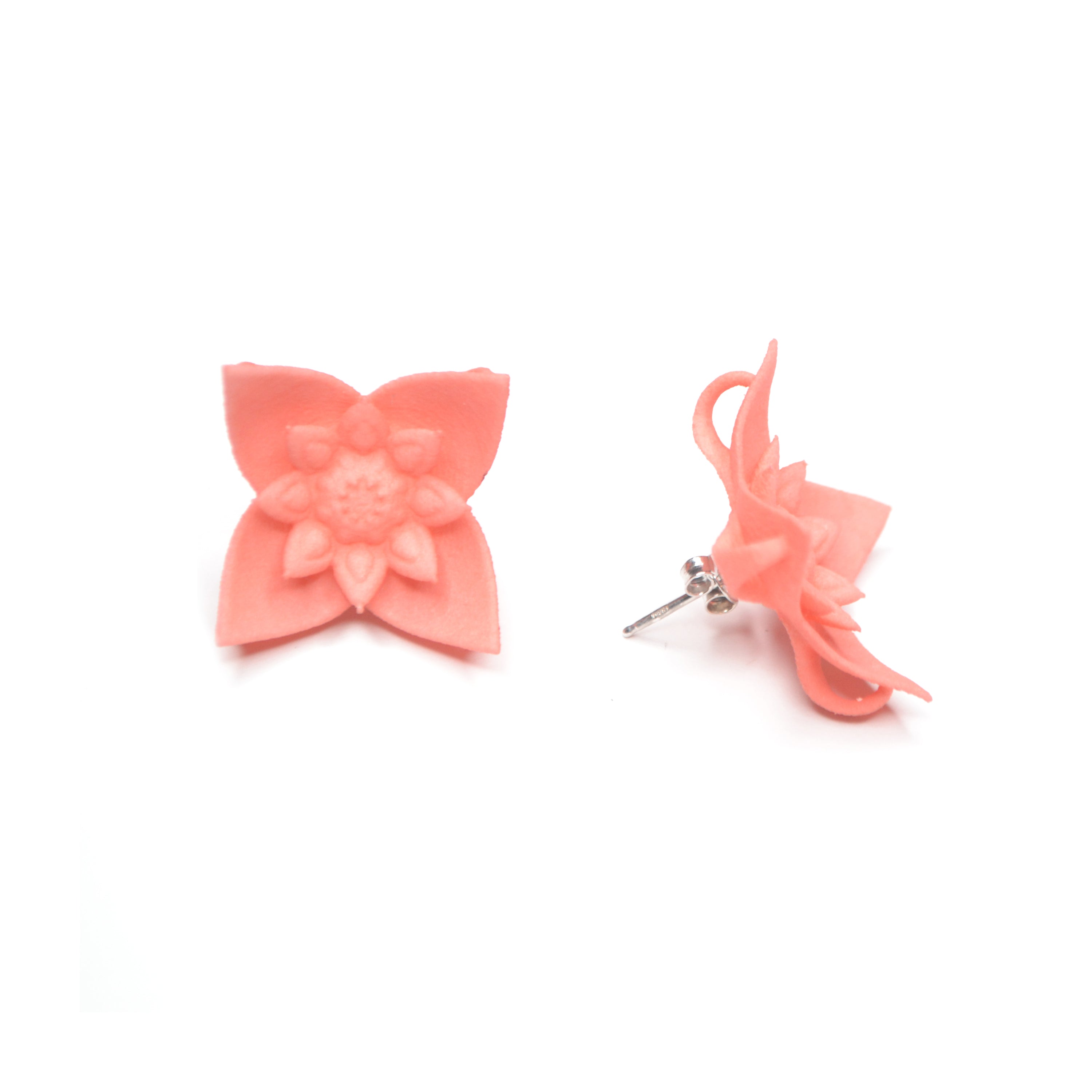 A pair of Dahlia Flower Stud Earrings featuring a floral design in vibrant colors, made from nylon and sterling silver.