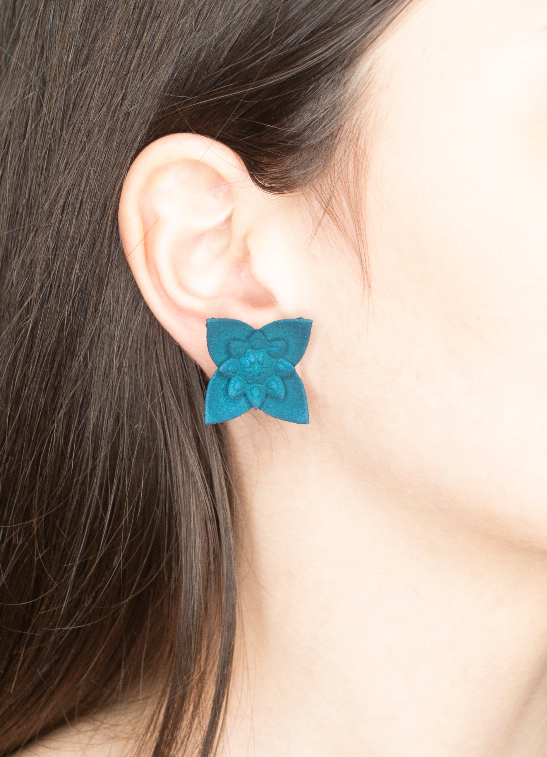 A pair of Dahlia Flower Stud Earrings featuring a floral design in vibrant colors, made from nylon and sterling silver.