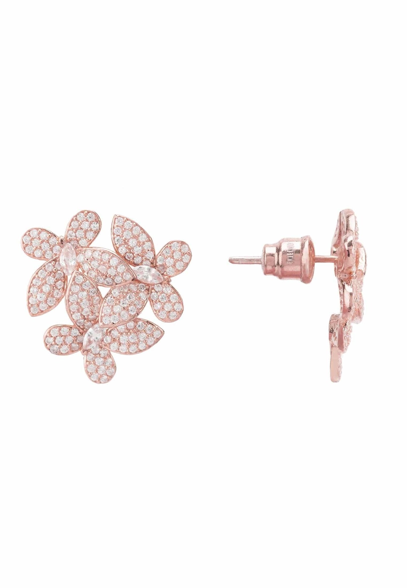 Elegant Flowers Large Stud Earrings in Rosegold featuring sparkling cubic zirconia, designed as a floral bouquet.