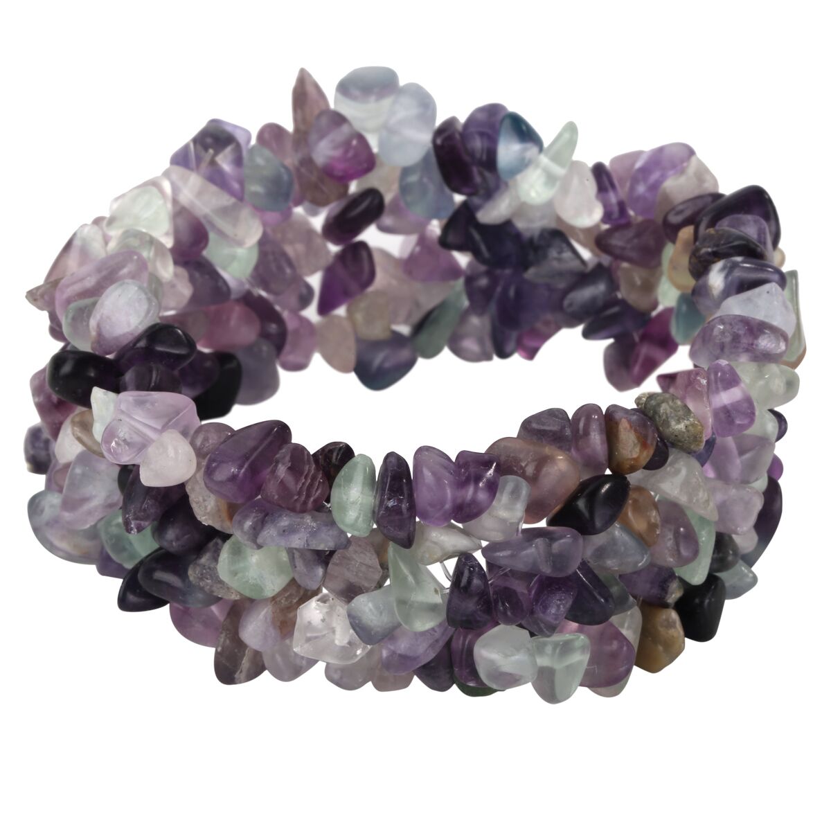 Handmade Fluorite Stretch Cuff 5 Layer Braided Chunky Chakra Bracelet showcasing vibrant natural stones in a bohemian design.