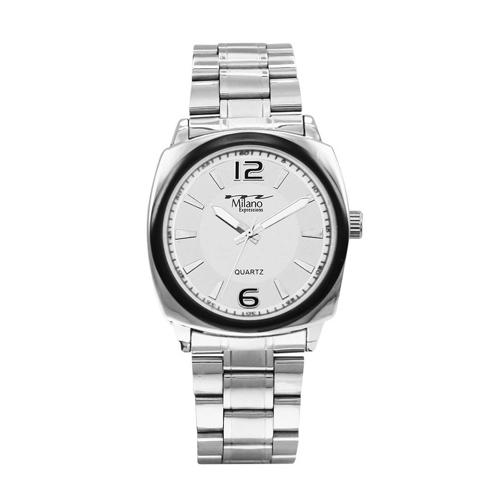 M Milano Expressions Silver Metal Band Watch with silver case and dial, showcasing its elegant design and durable alloy materials.