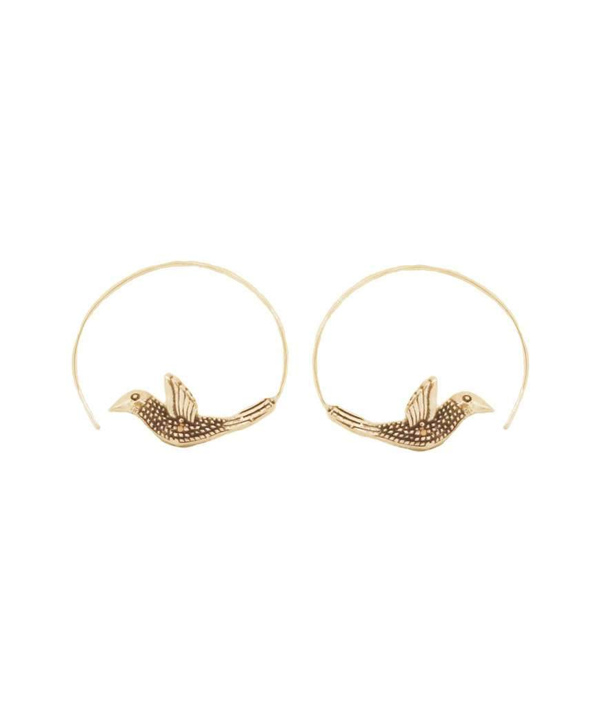 A pair of stunning Flying Bird Statement Earrings in brass with intricate hand-carved designs, showcasing a shiny finish, perfect for festivals.