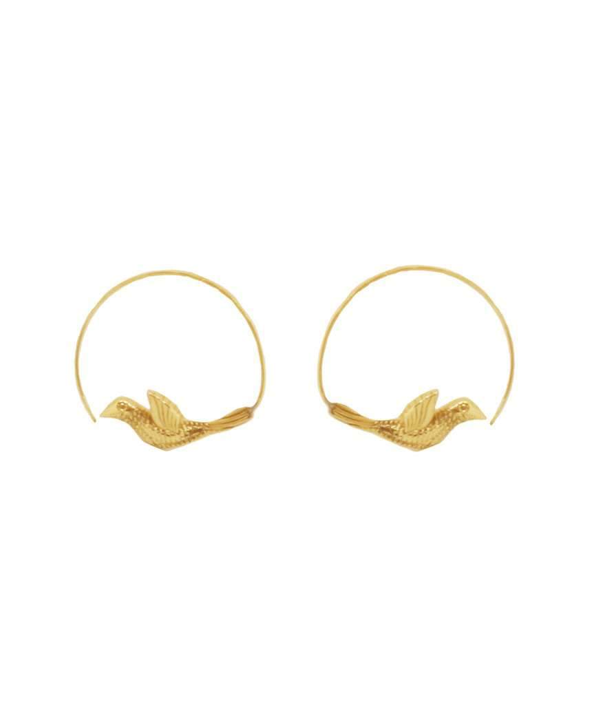 A pair of stunning Flying Bird Statement Earrings in brass with intricate hand-carved designs, showcasing a shiny finish, perfect for festivals.