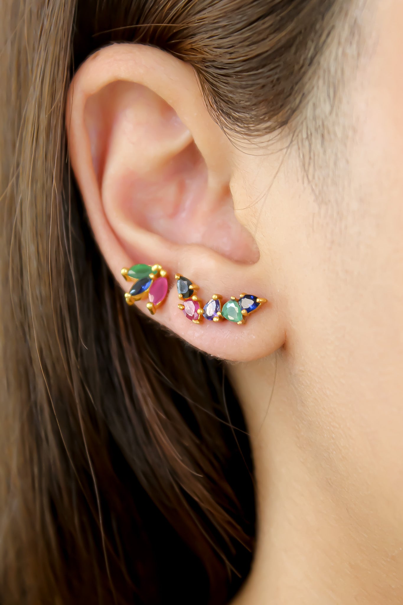 Elegant Fontana Earrings featuring 18K gold plating and three marquise-cut zirconia stones, perfect for sensitive ears.