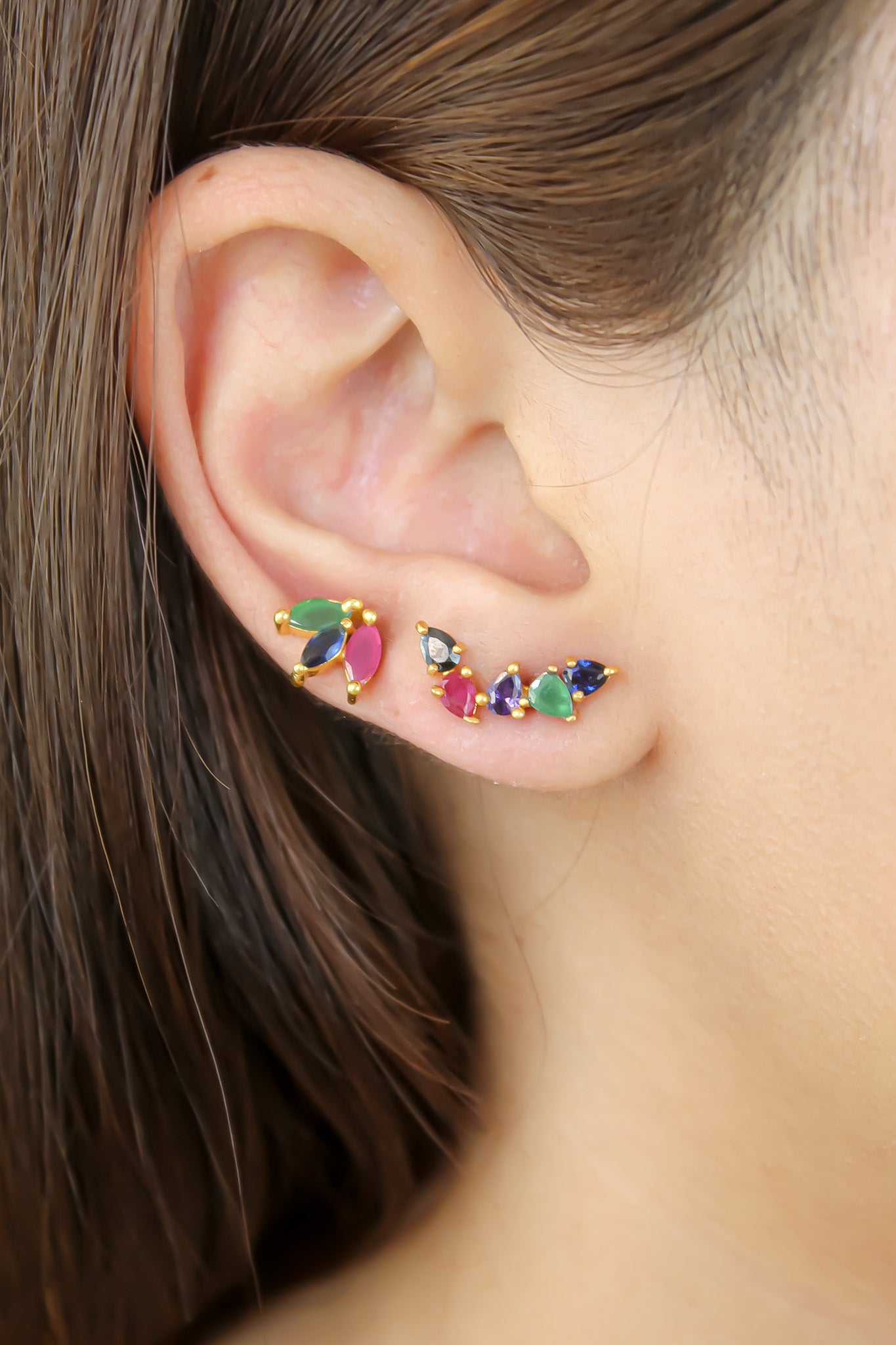 Elegant Fontana Earrings featuring 18K gold plating and three marquise-cut zirconia stones, perfect for sensitive ears.