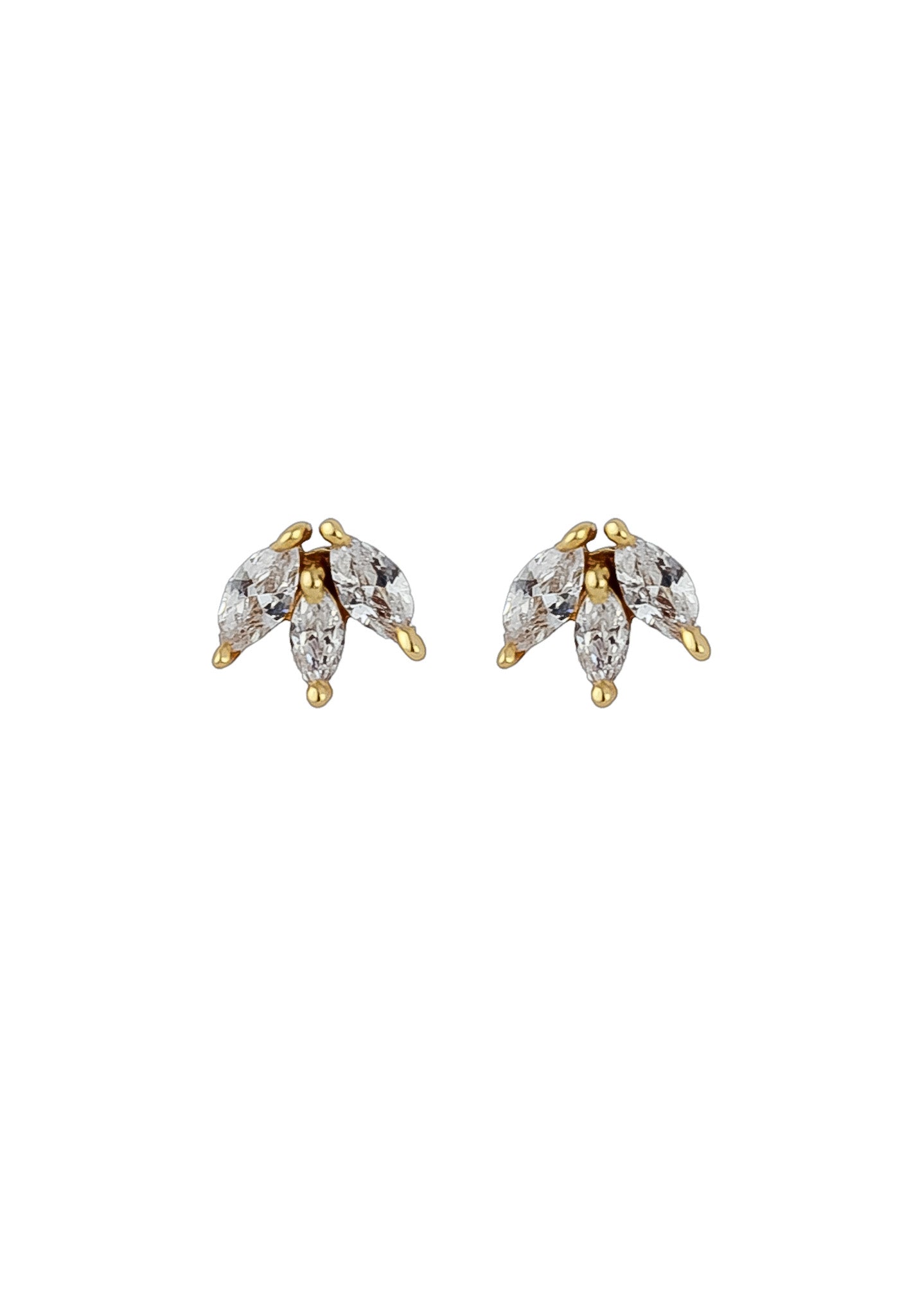 Elegant Fontana Earrings featuring 18K gold plating and three marquise-cut zirconia stones, perfect for sensitive ears.