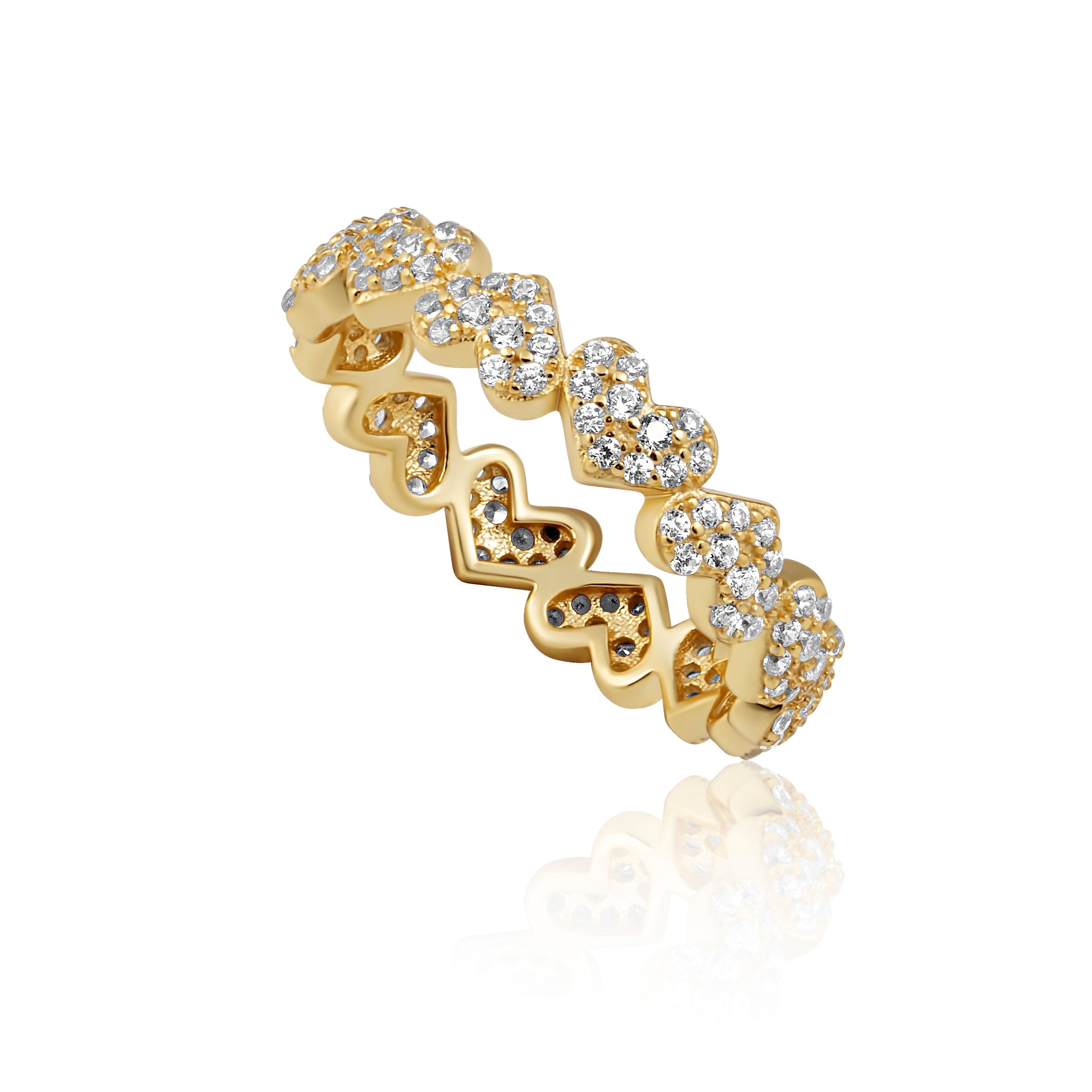 Forever Love Eternity Ring featuring a CZ heart design, gold plated over stainless steel, showcasing sparkling stones.