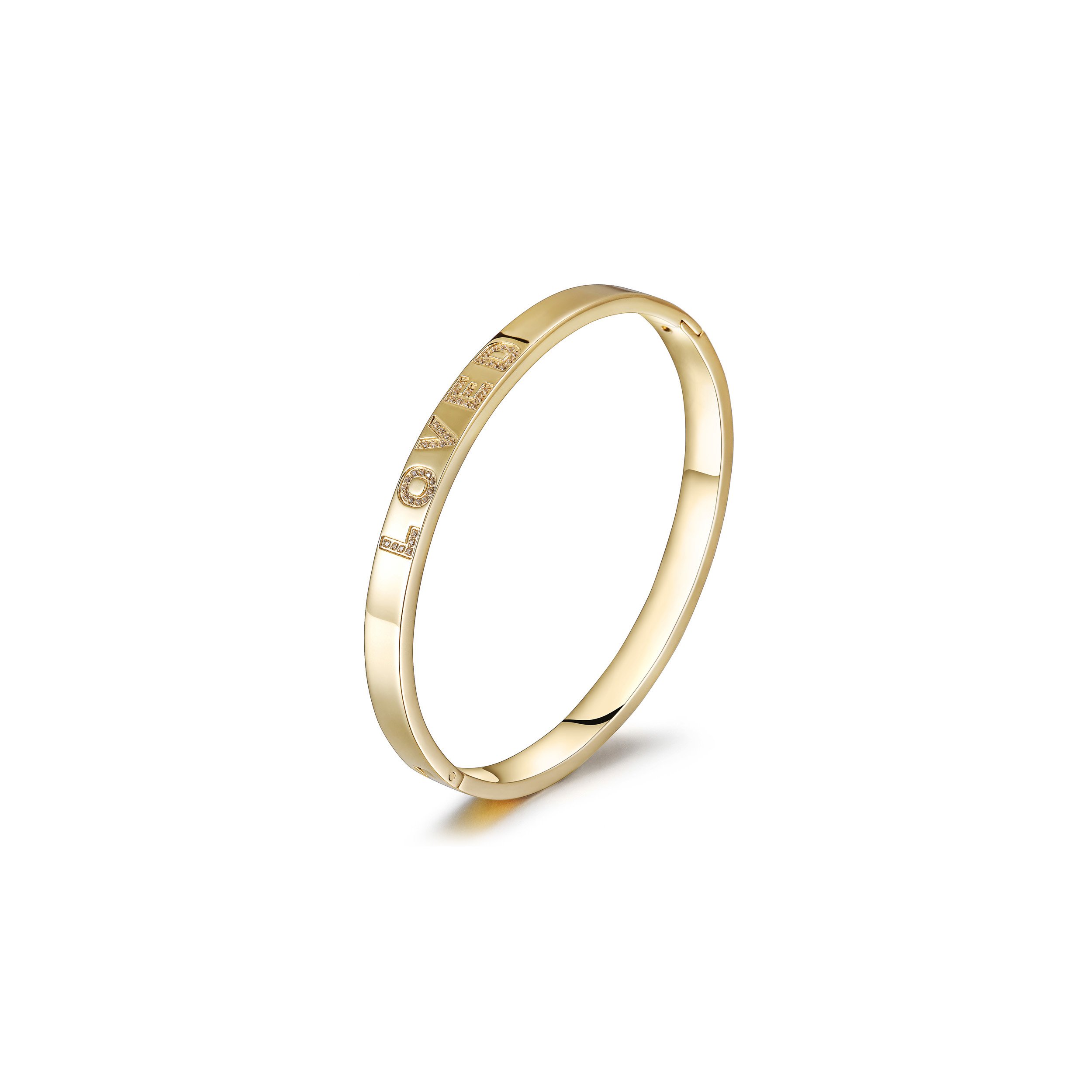 A beautiful Forever Loved Bangle Bracelet made of 316L surgical stainless steel with 14K gold PVD plating, showcasing its elegant design.